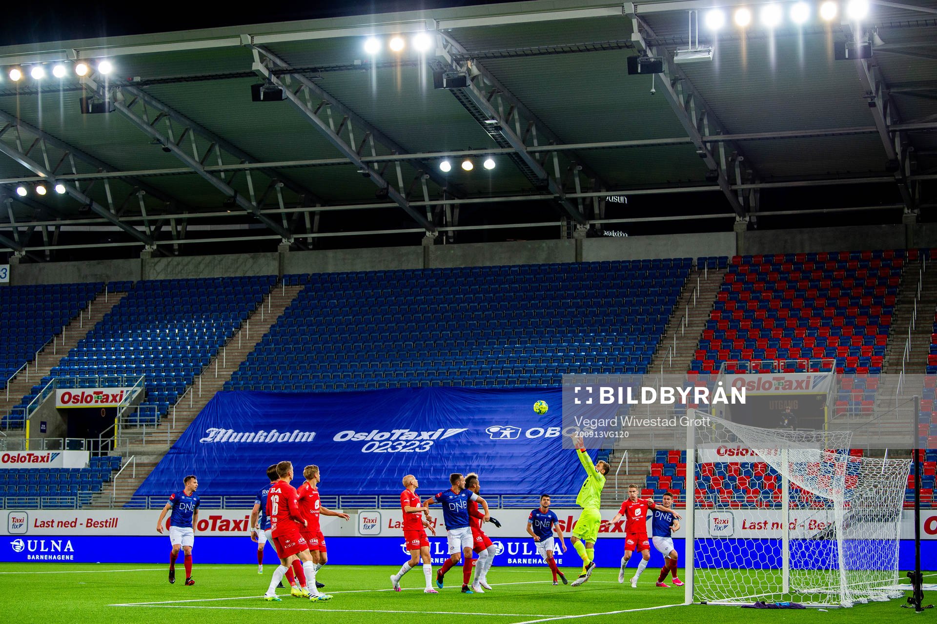 General view of empty seats at Intility Arena as goalkeeper