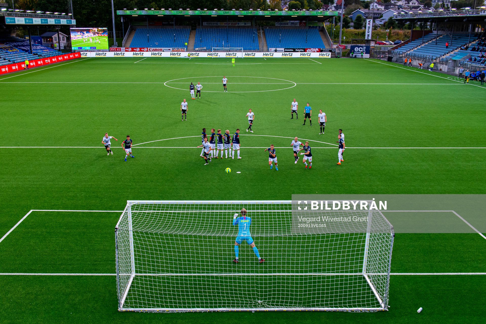General view of Marienlyst stadion as Vegar Eggen Hedenstad of Rosenborg takes a free-kick during the Eliteserien football match between Strømsgodset and Rosenborg on September 13, 2020 in Drammen.