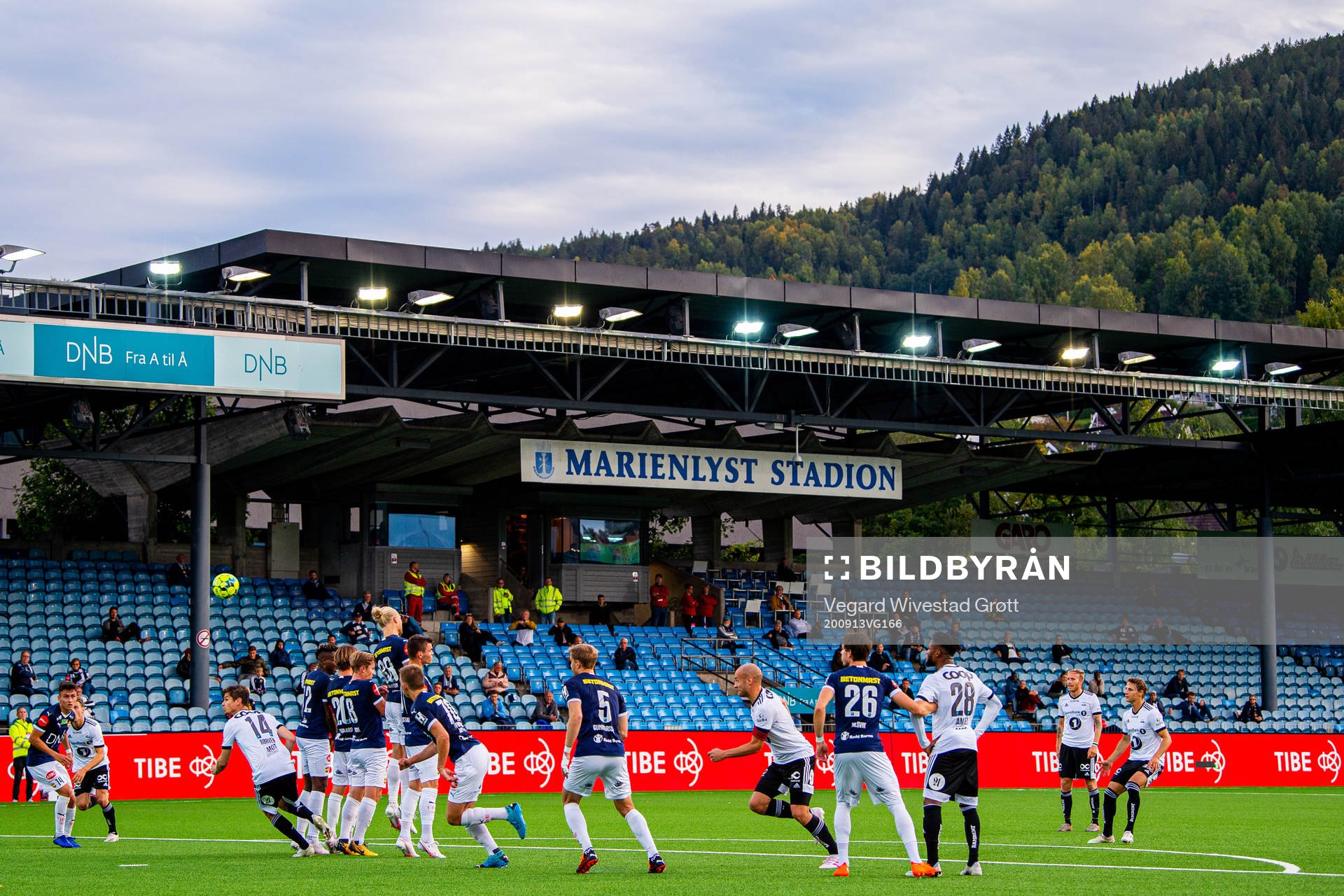 General view of Marienlyst stadion as Vegar Eggen Hedenstad of Rosenborg takes a free-kick during the Eliteserien football match between Strømsgodset and Rosenborg on September 13, 2020 in Drammen.