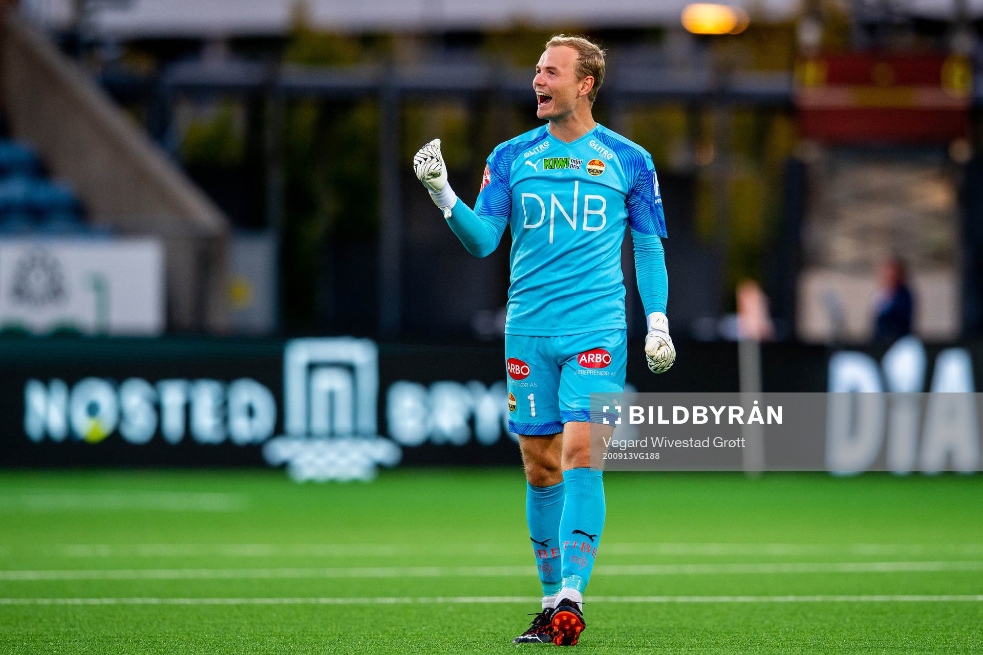 Goalkeeper Viljar Myhra of Strømsgodset celebrates