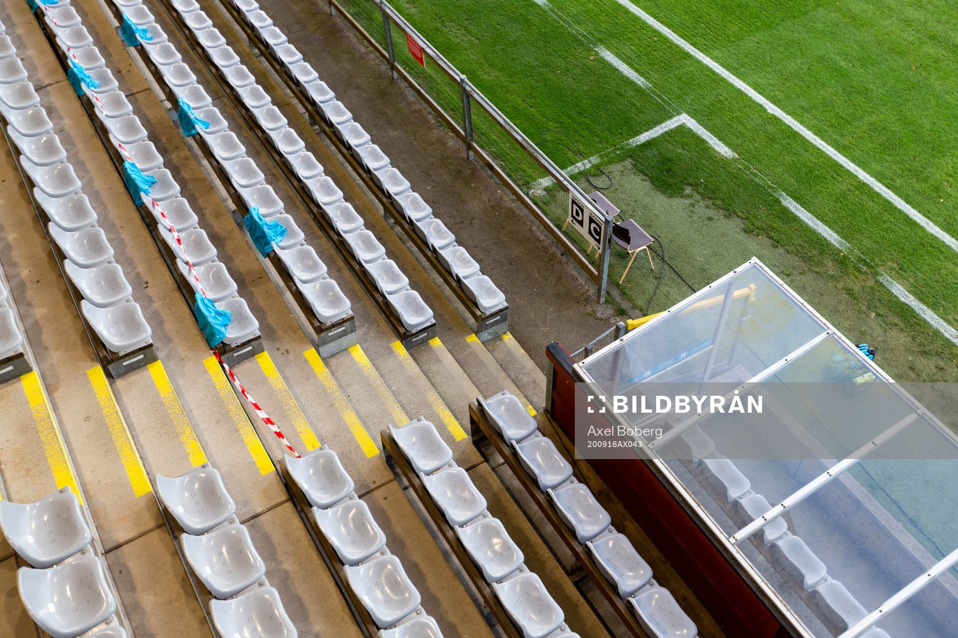 En tom läktare på Stadsparksvallen inför fotbollsmatchen i Superettan mellan Jönköpings Södra och Örgryte den 16 september 2020 i Jönköping.