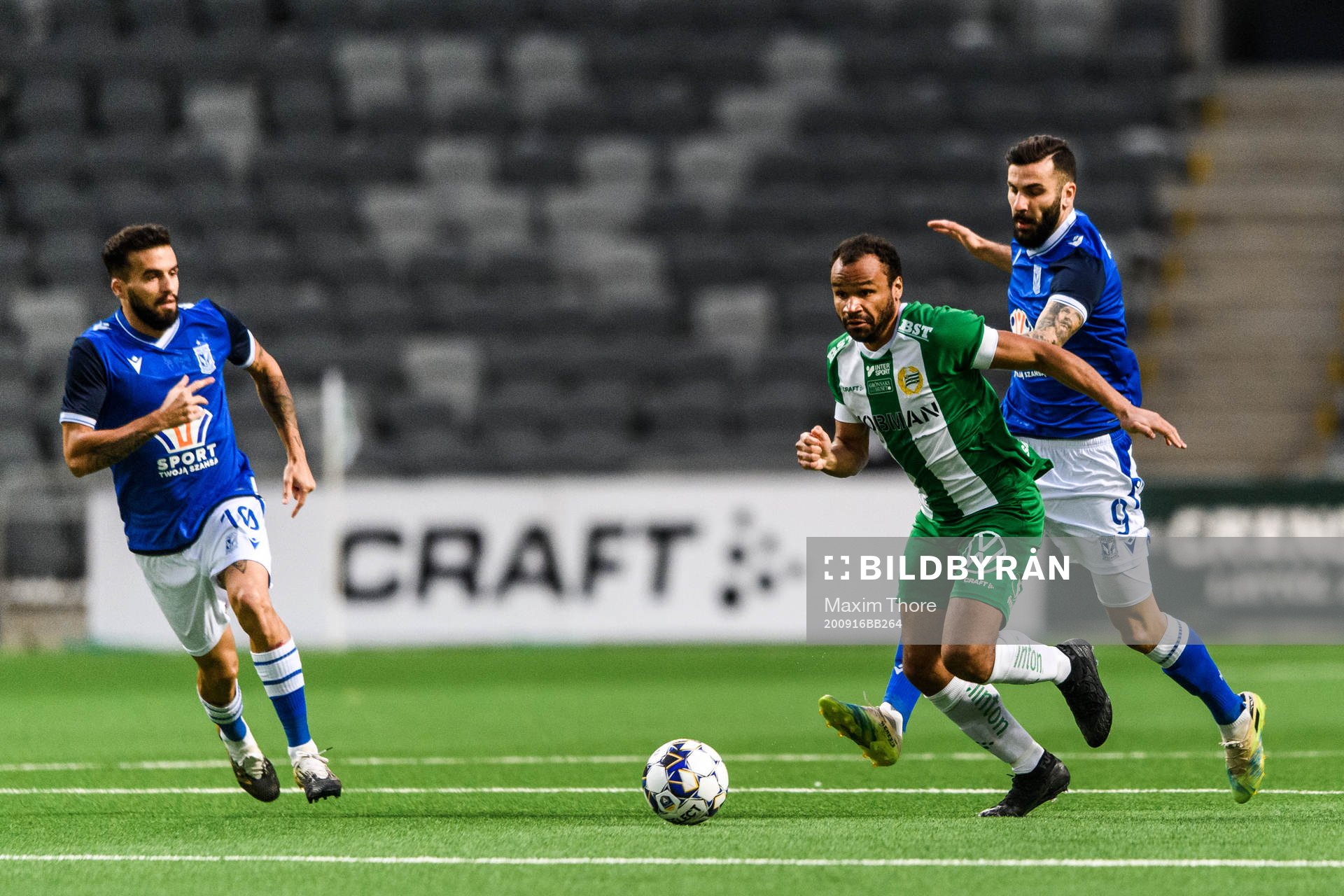 Mikael Ishak of Lech Poznan and Serge-Junior Martinsson