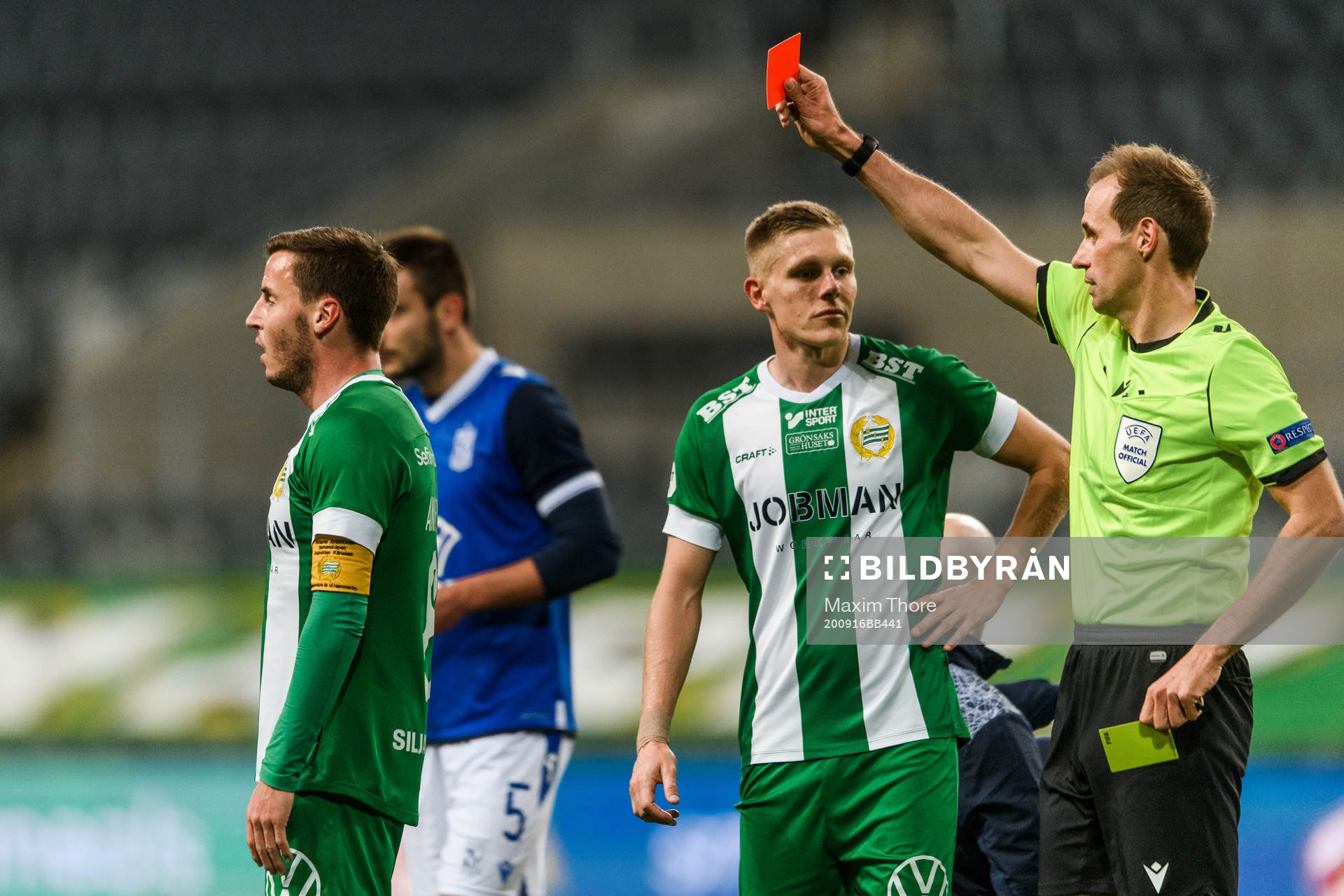 Jeppe Andersen of Hammarby receives a red card from referee