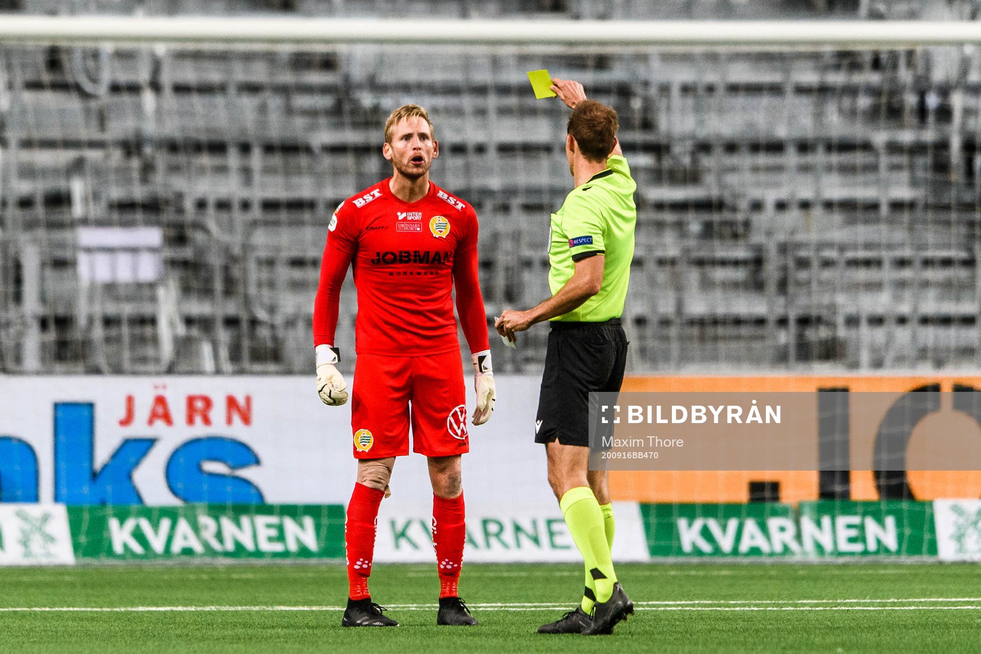 Goalkeeper David Ousted of Hammarby receives a yellow card