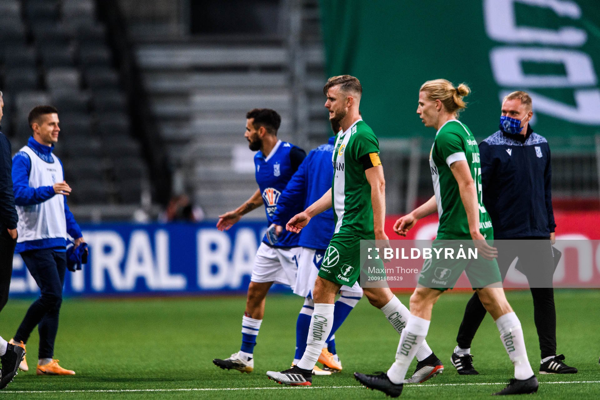 Richard Magyar and Gustav Ludwigson of Hammarby look dejected after the UEFA Europa League qualifying match between Hammarby and Lech Poznan on September 16, 2020 in Stockholm.