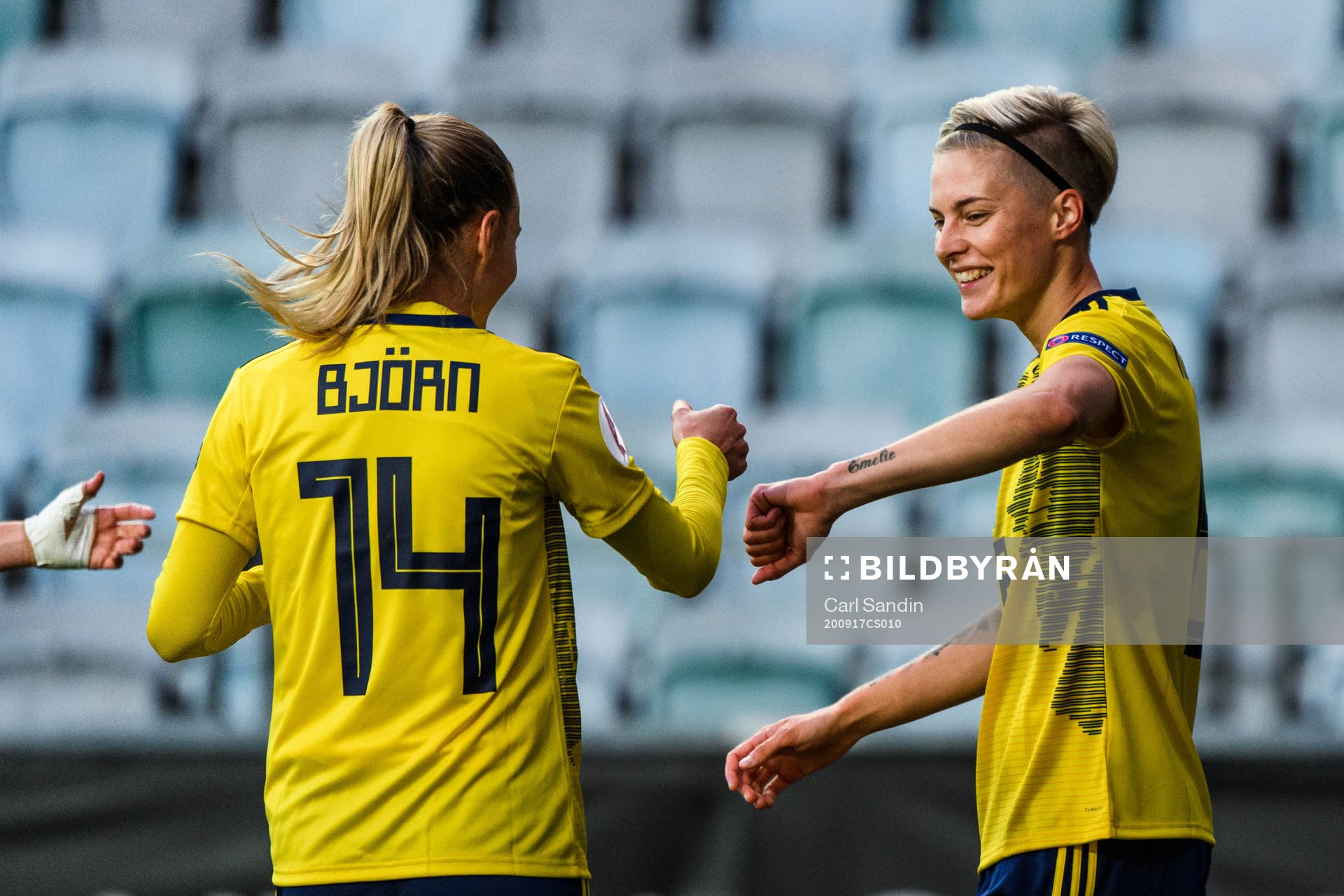 Nathalie Björn and Lina Hurtig of Sweden celebrate the 1-0