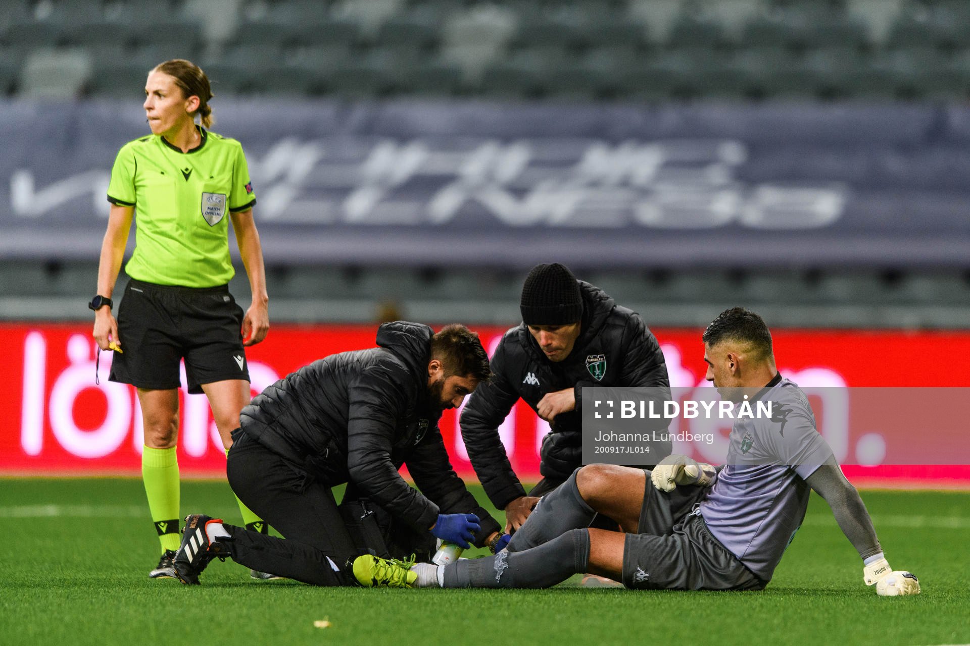 Goalkeeper Javier Muñoz Arévalo of Europa FC in pain