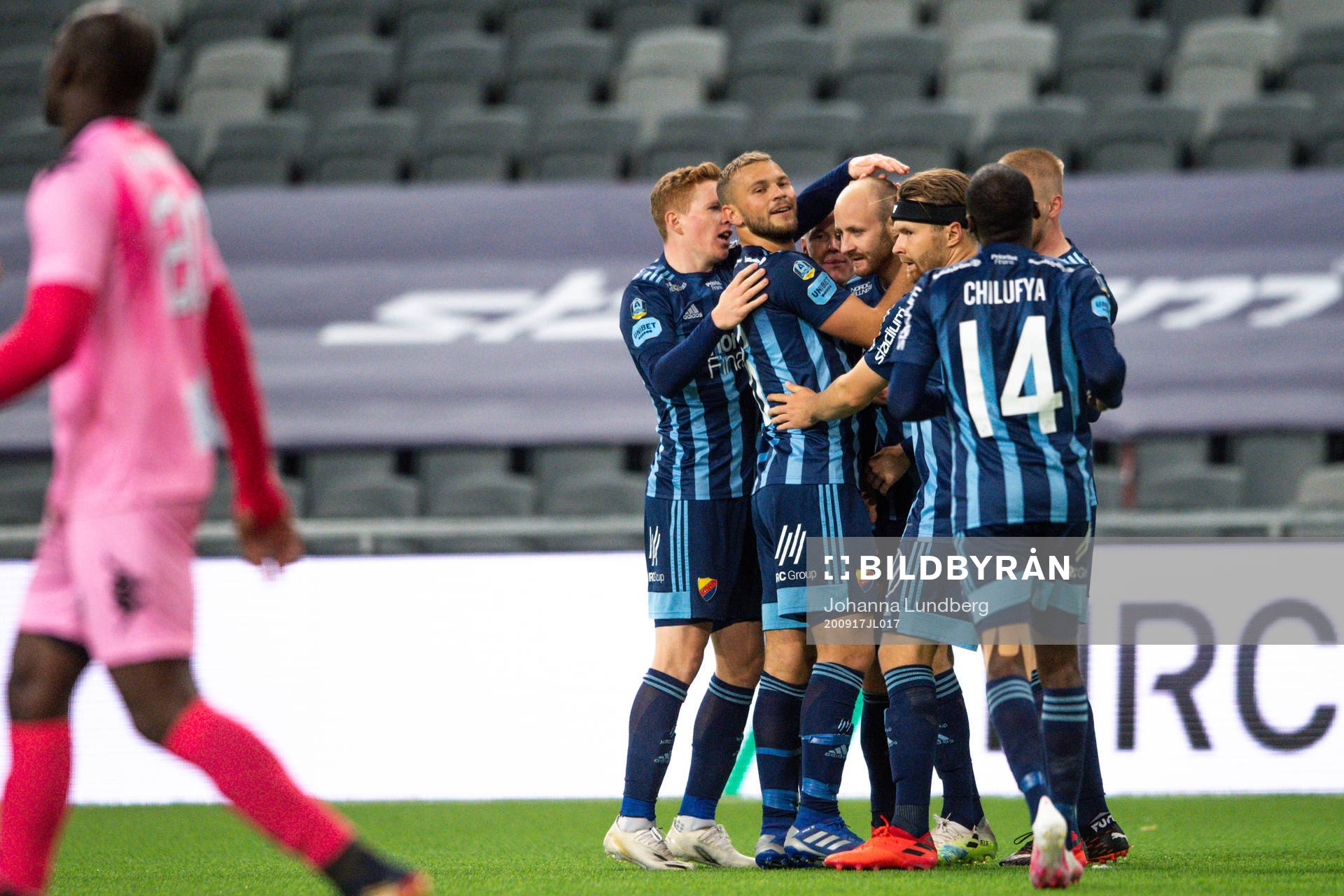 Curtis Edwards, Aslak Witry , Jesper Karlström and Jacob Une Larsson of Djurgården celebrate the 1-0 goal during the UEFA Europa League qualifying match between Djurgården and Europa FC on September 17, 2020 in Stockholm.