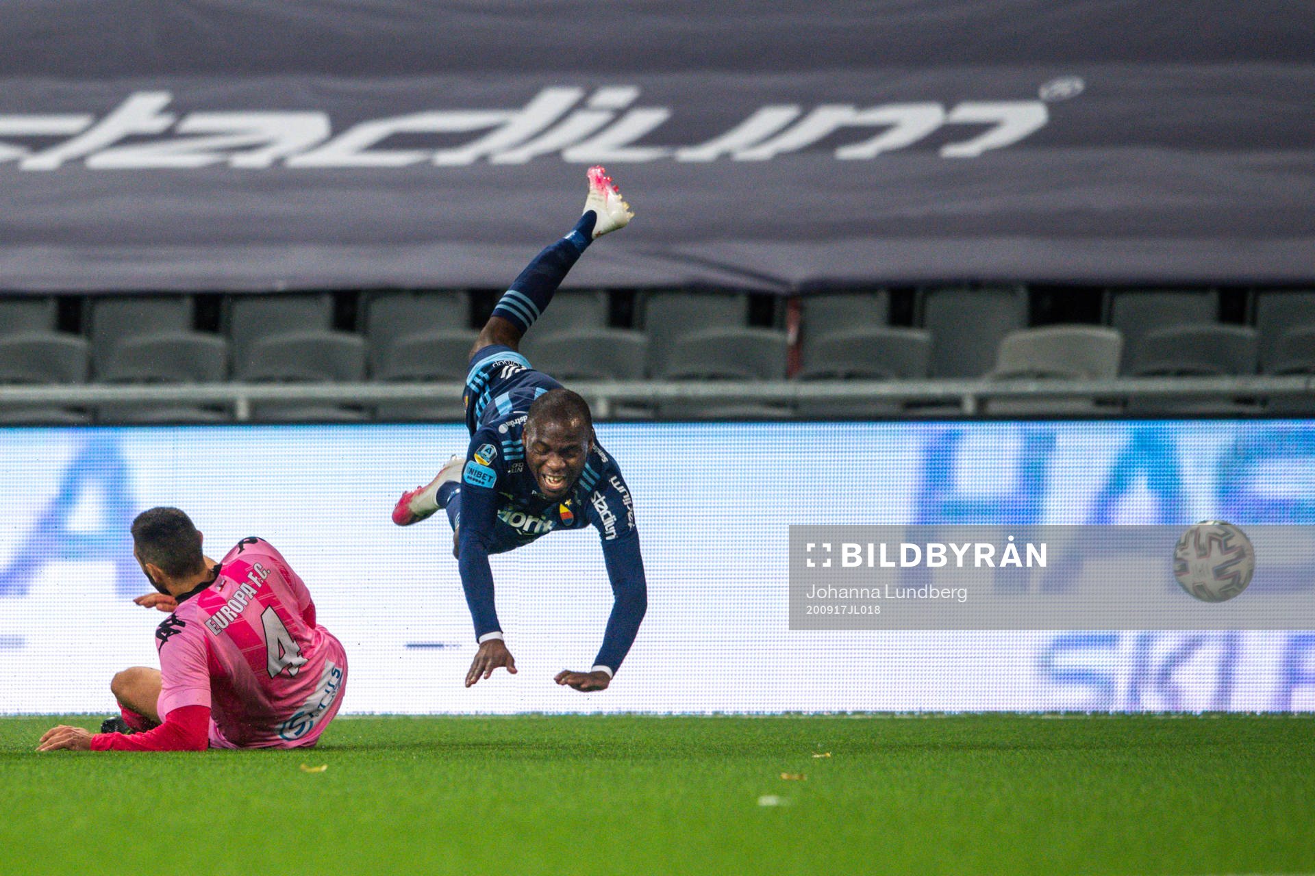 Olmo González Casado of Europa FC and Edward Chilufya of Djurgården during the UEFA Europa League qualifying match between Djurgården and Europa FC on September 17, 2020 in Stockholm.