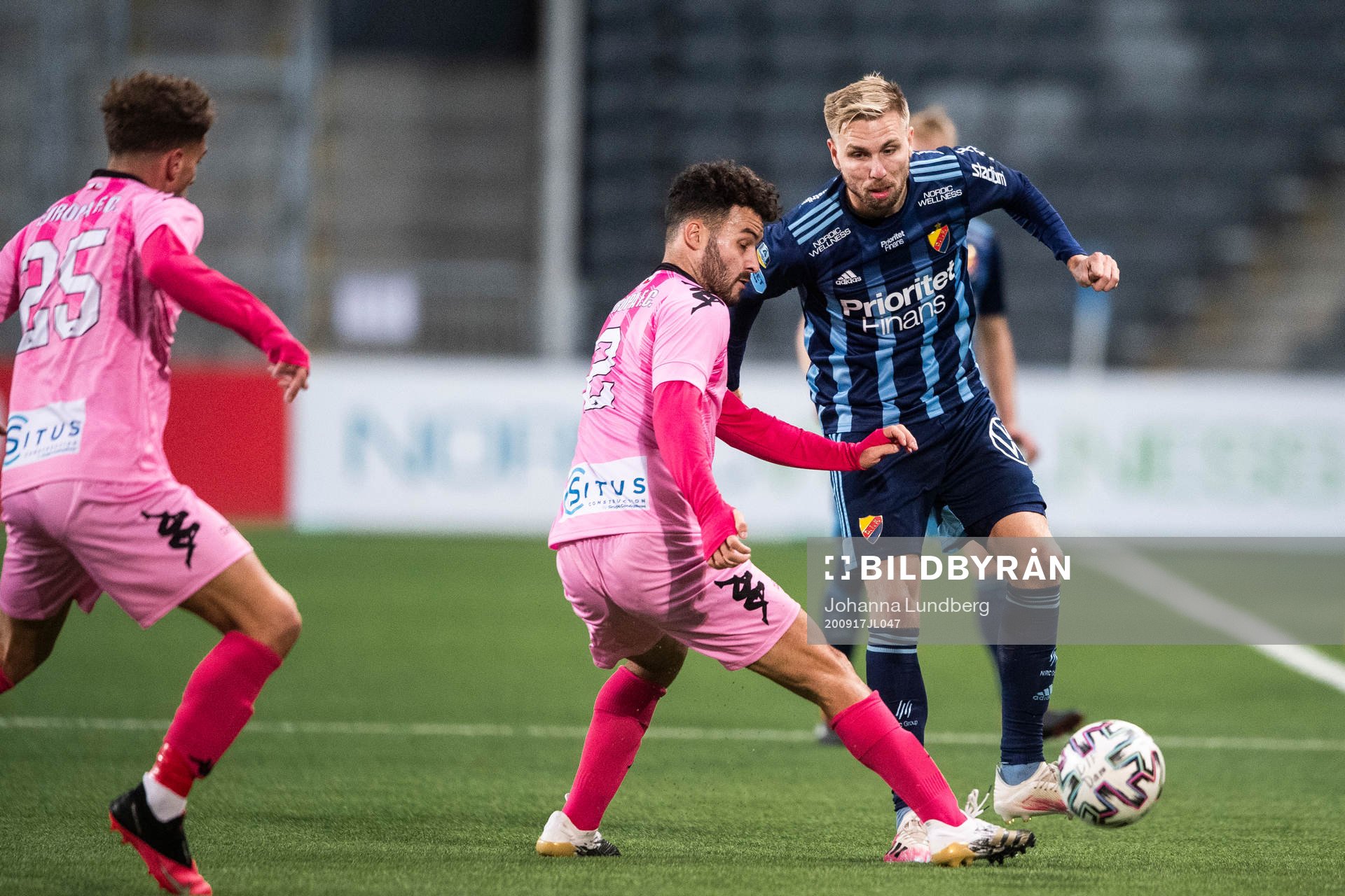 Jonathan Ring of Djurgården and Ethan Jolley of of Europa FC during the UEFA Europa League qualifying match between Djurgården and Europa FC on September 17, 2020 in Stockholm.