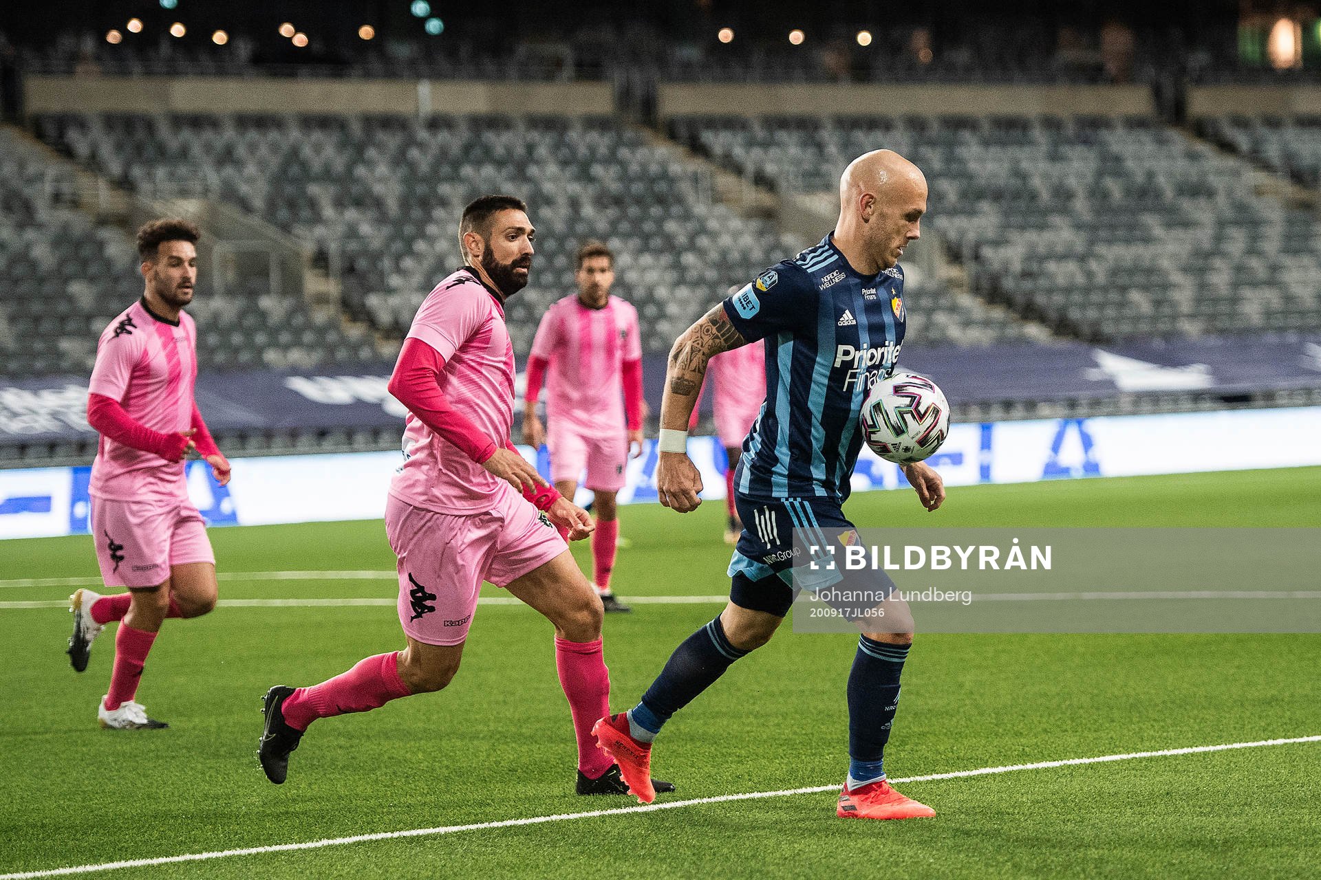 Olmo González Casado of Europa FC and Magnus Eriksson of Djurgården during the UEFA Europa League qualifying match between Djurgården and Europa FC on September 17, 2020 in Stockholm.