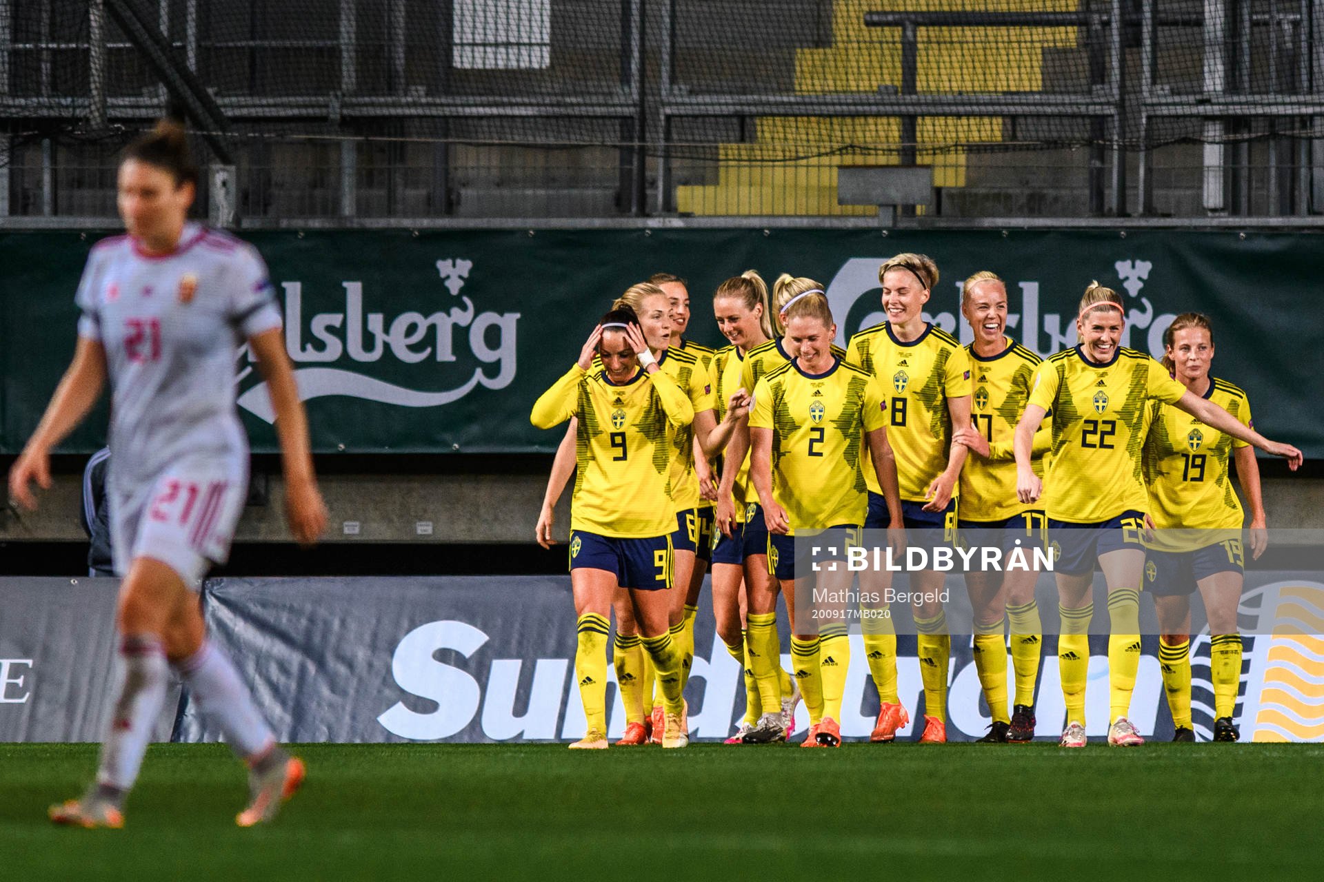 Players of Sweden celebrate the 5-0 goal by Lina Hurtig