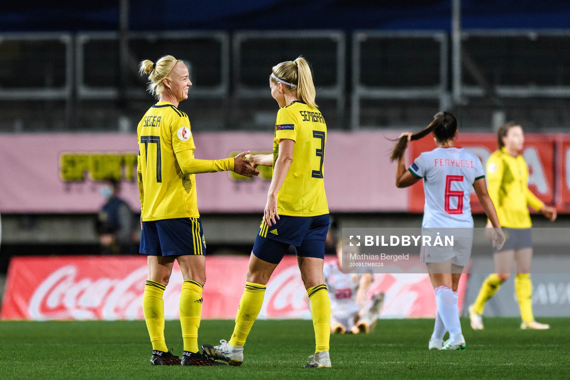 Caroline Seger and Linda Sembrant of Sweden celebrate