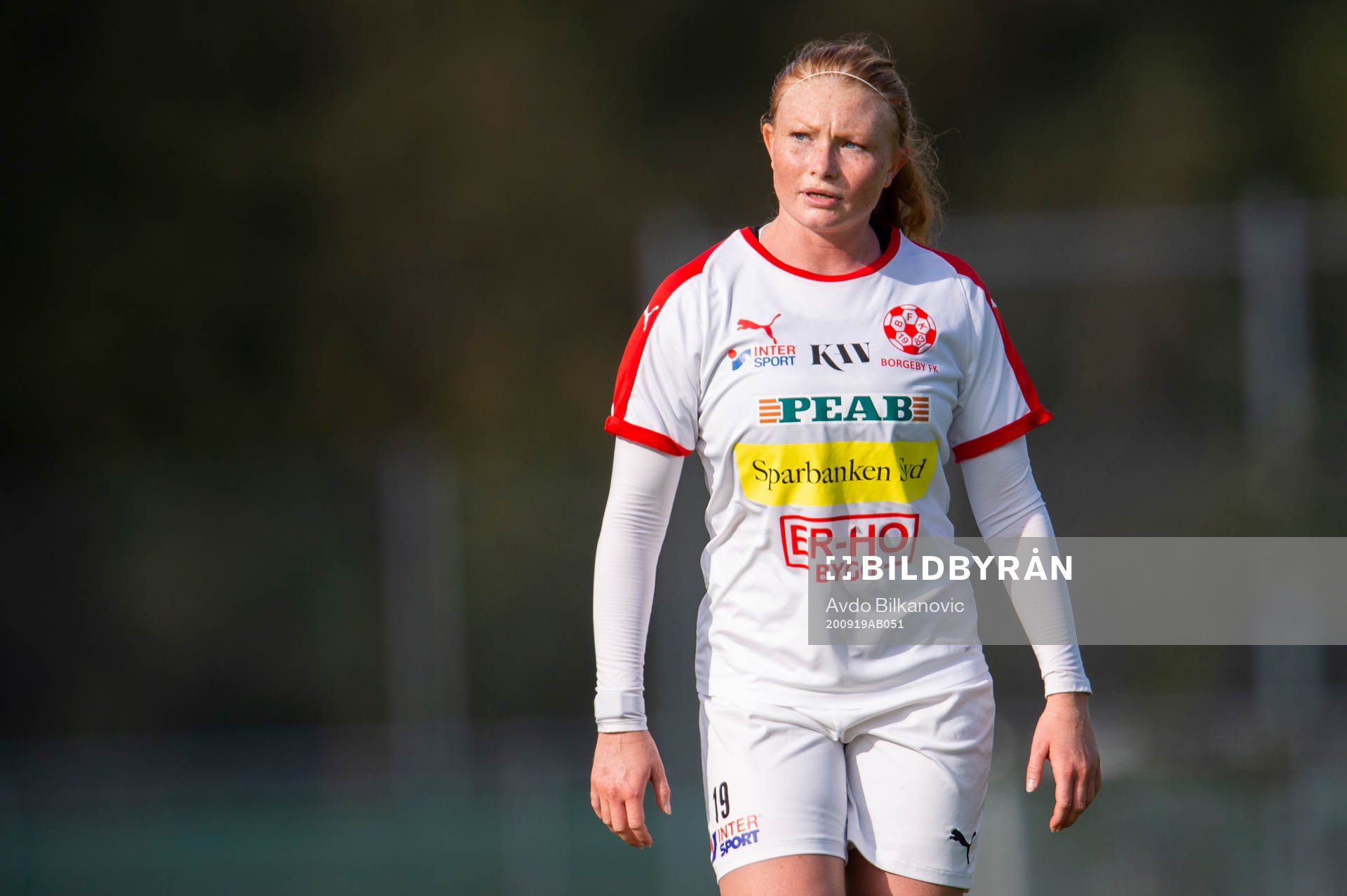 Borgebys Mathilda Sjöström under fotbollsmatchen i Division 1 södra mellan Borgeby och Bromölla den 19 september 2020 i Borgeby.