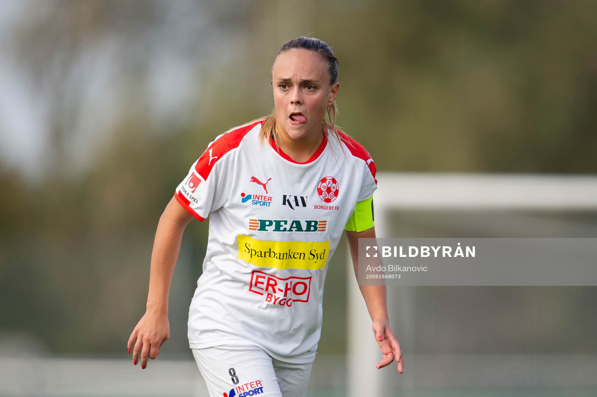 Borgebys Eleonor Hättmark under fotbollsmatchen i Division 1 södra mellan Borgeby och Bromölla den 19 september 2020 i Borgeby.