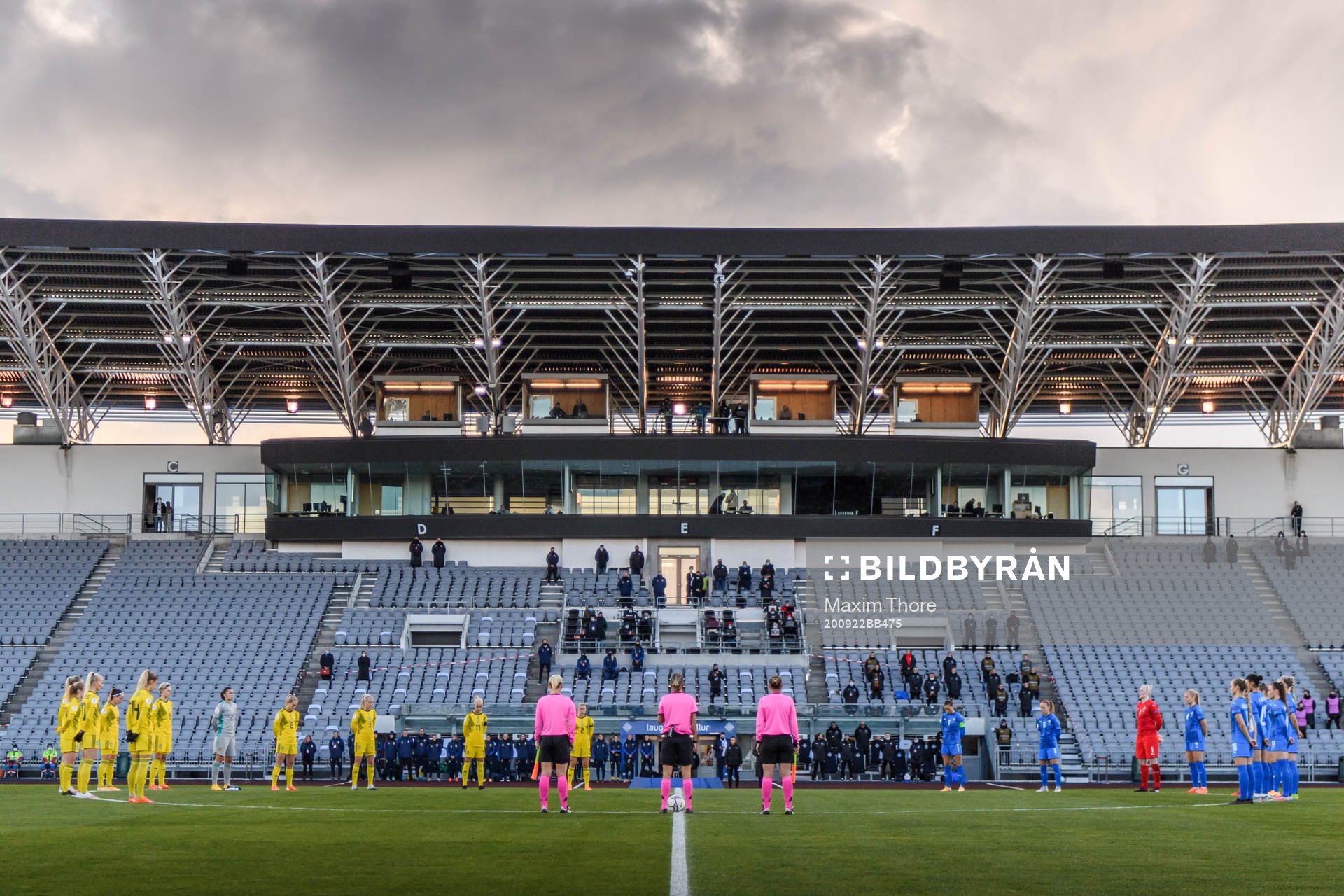 A moment of silence for the late Lars-Åke Lagrell, former president of the Swedish Football Association, ahead of the UEFA Women's Euro Qualifier football match between Iceland and Sweden on September 22, 2020 in Reykjavik.