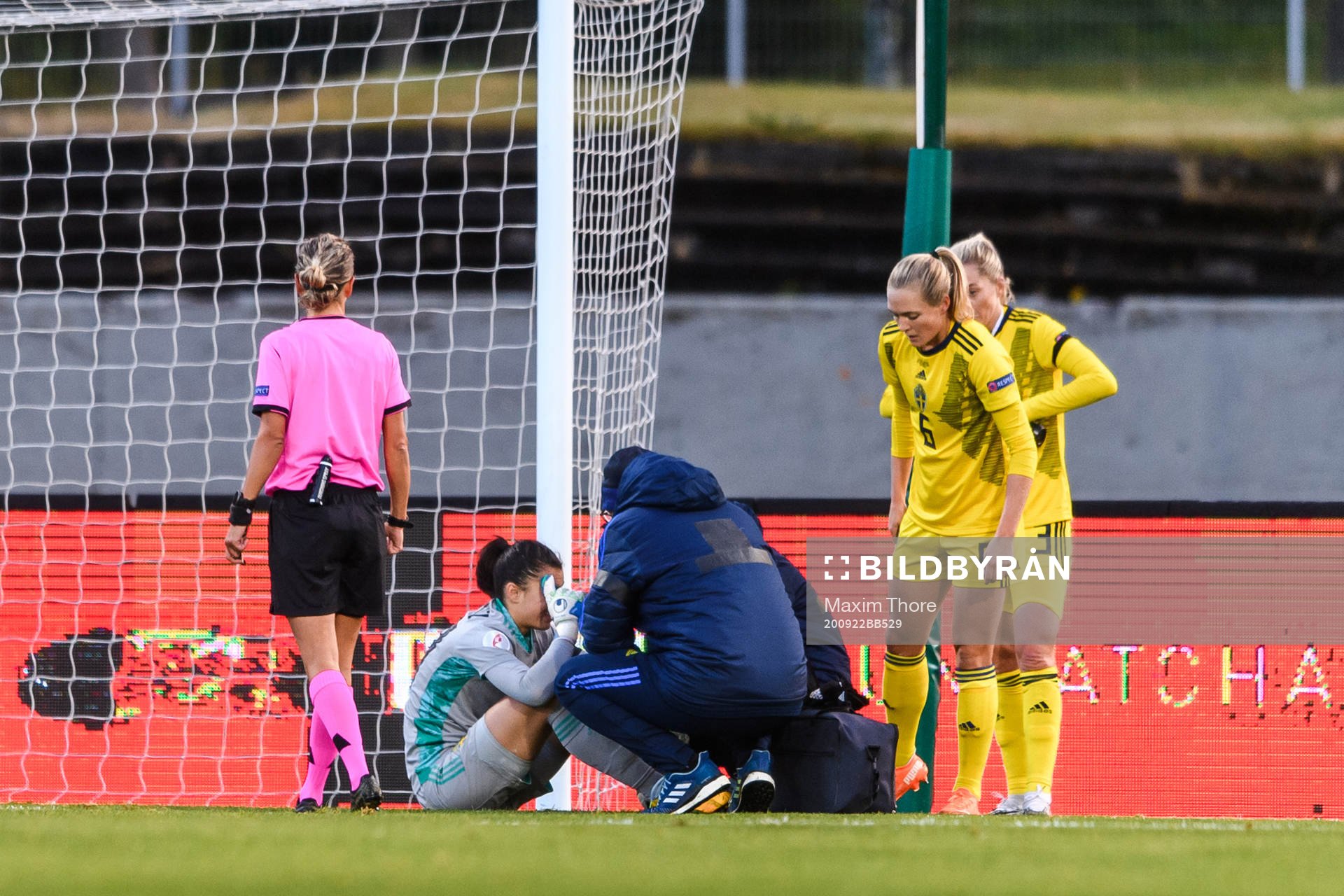 Goalkeeper Zecira Musovic of Sweden in pain