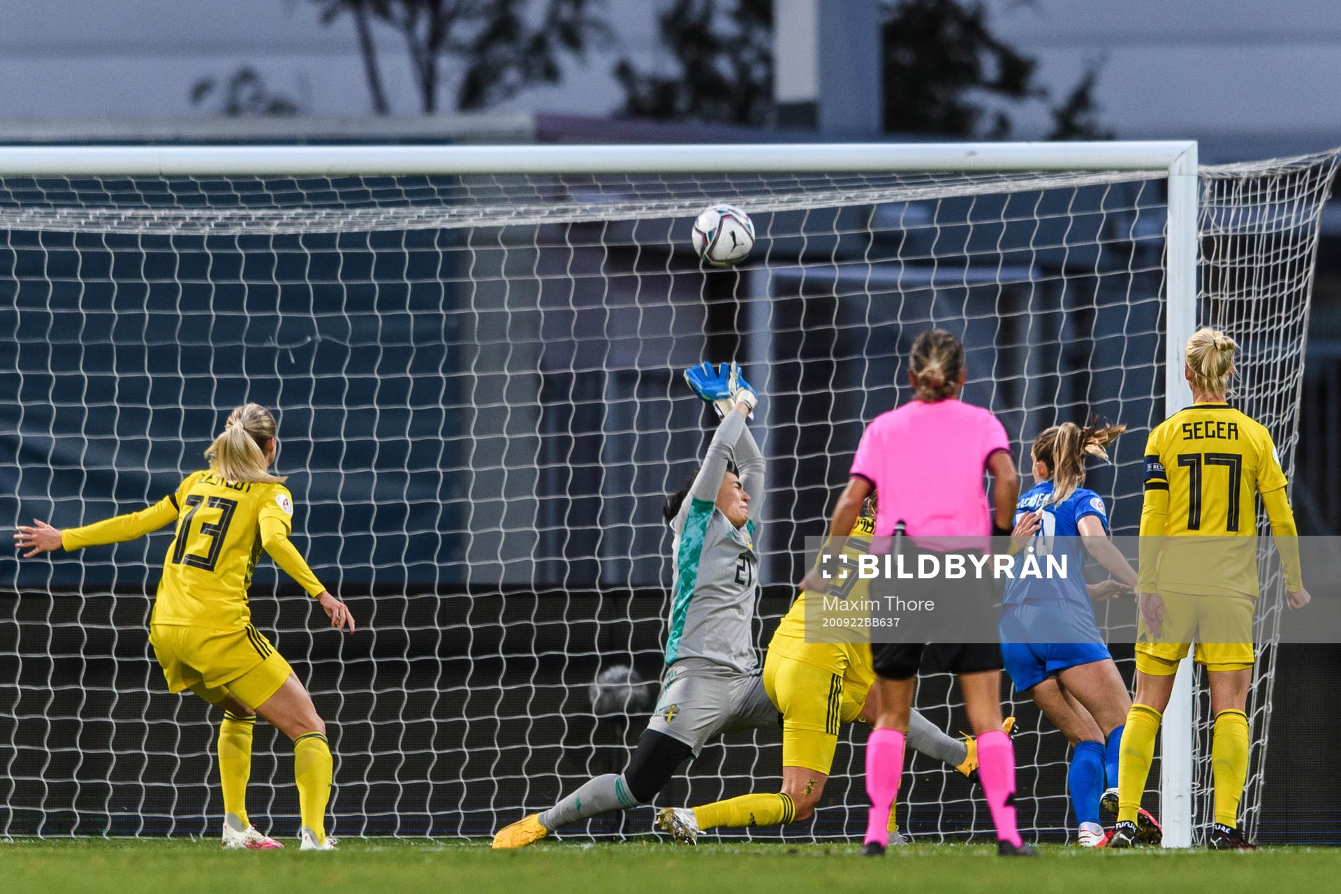 Elin Metta Jensen of Iceland scores the 1-1 goal behind