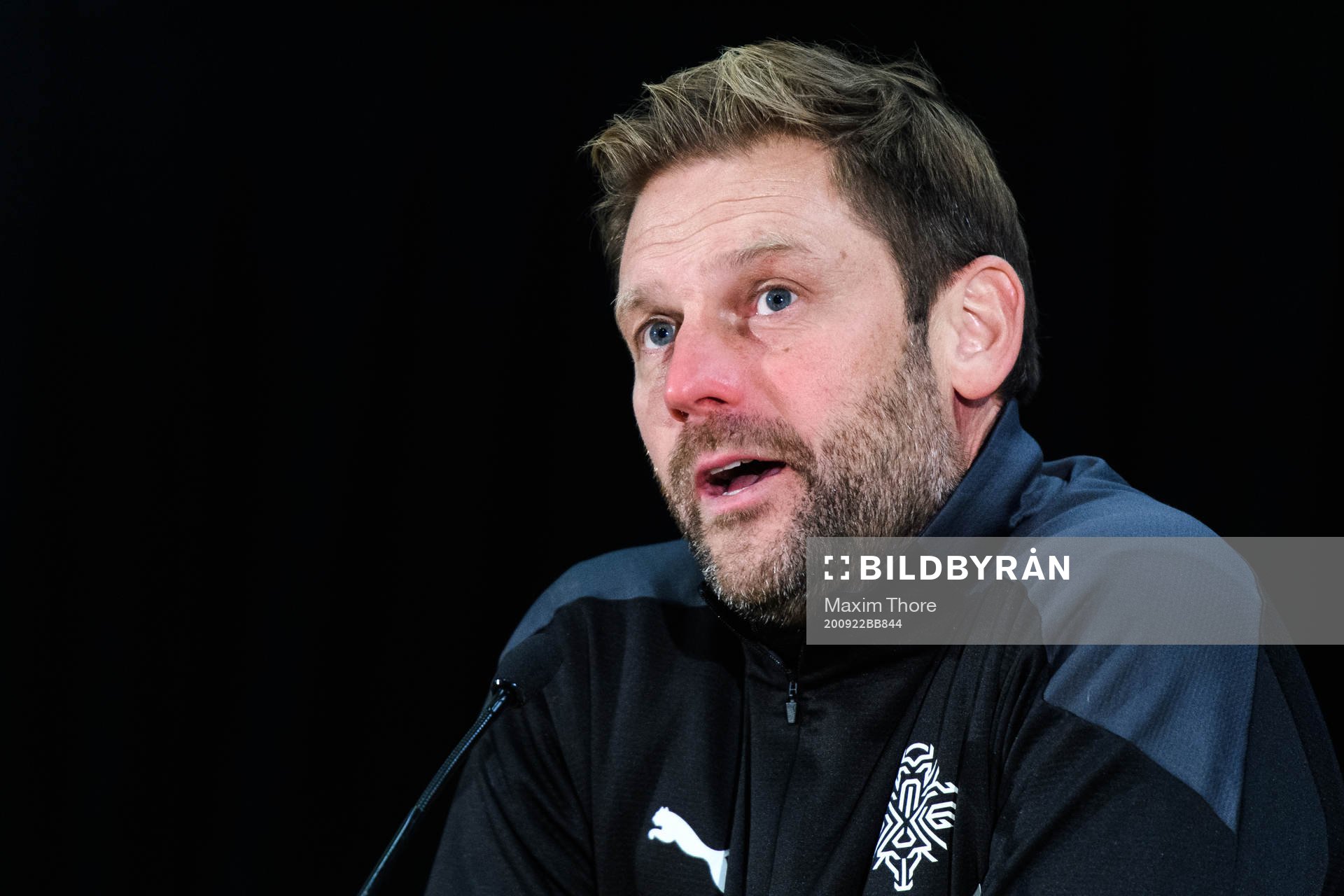 Head coach Jon Thor Hauksson of Iceland at a press conference after the UEFA Women's Euro Qualifier football match between Iceland and Sweden on September 22, 2020 in Reykjavik.