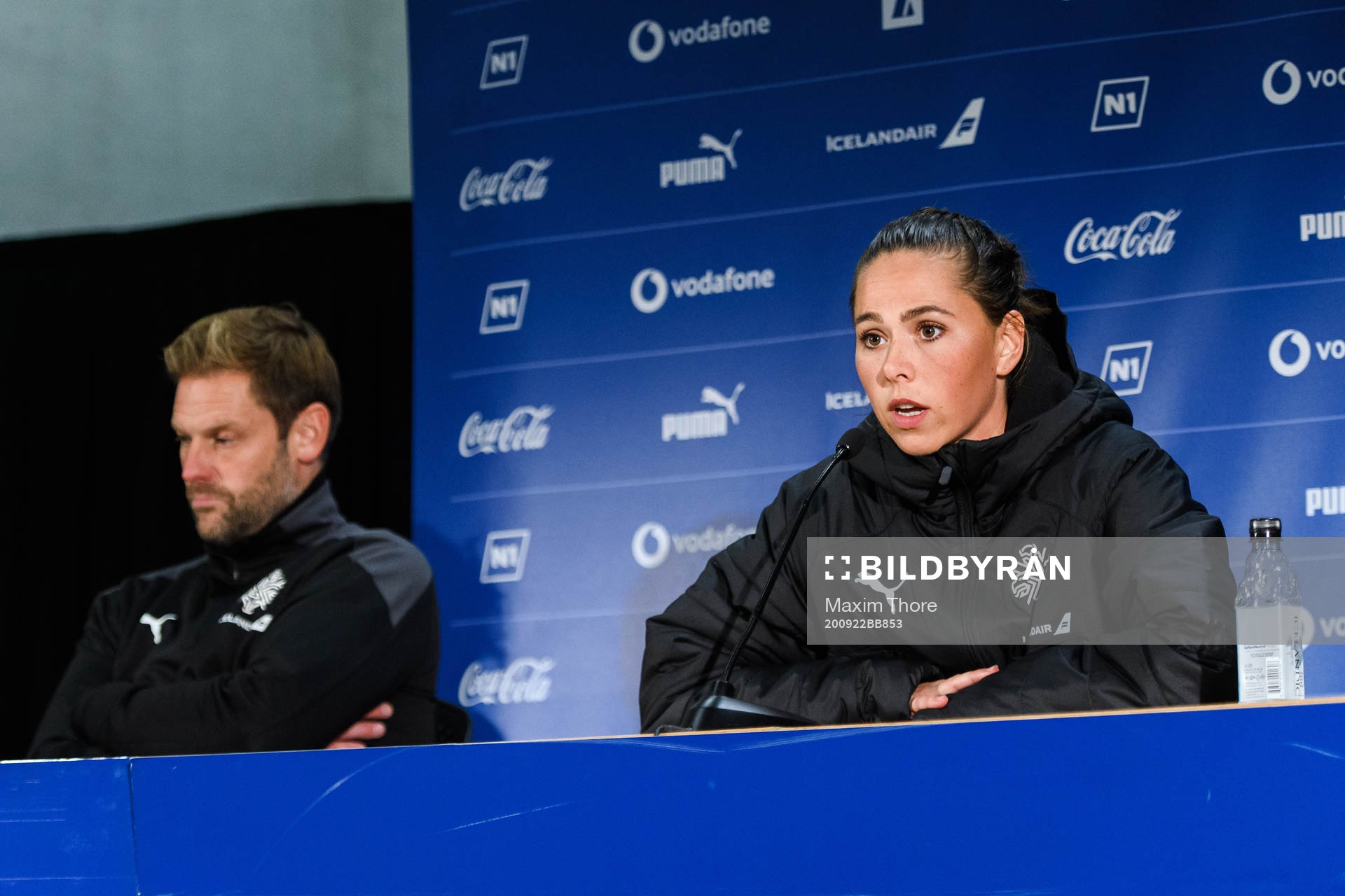 Head coach Jon Thor Hauksson and Sara Björk Gunnarsdottir of Iceland at a press conference after the UEFA Women's Euro Qualifier football match between Iceland and Sweden on September 22, 2020 in Reykjavik.