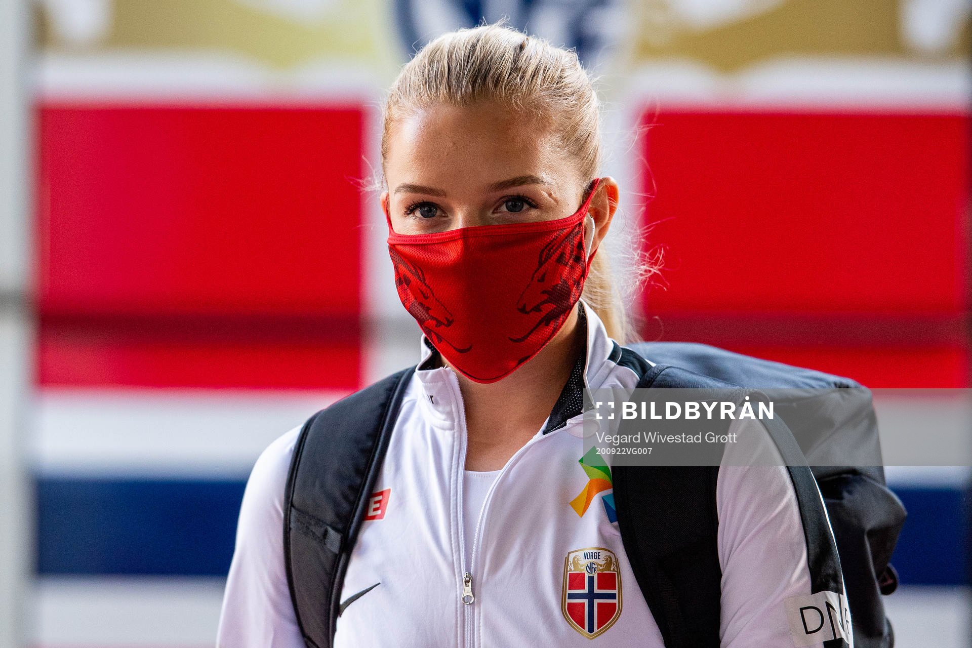 Goalkeeper Guro Pettersen of Norway arrives wearing a face