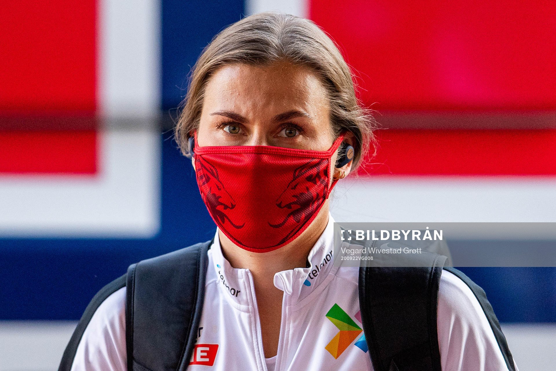 Emilie Bosshard Haavi of Norway arrives wearing a face mask