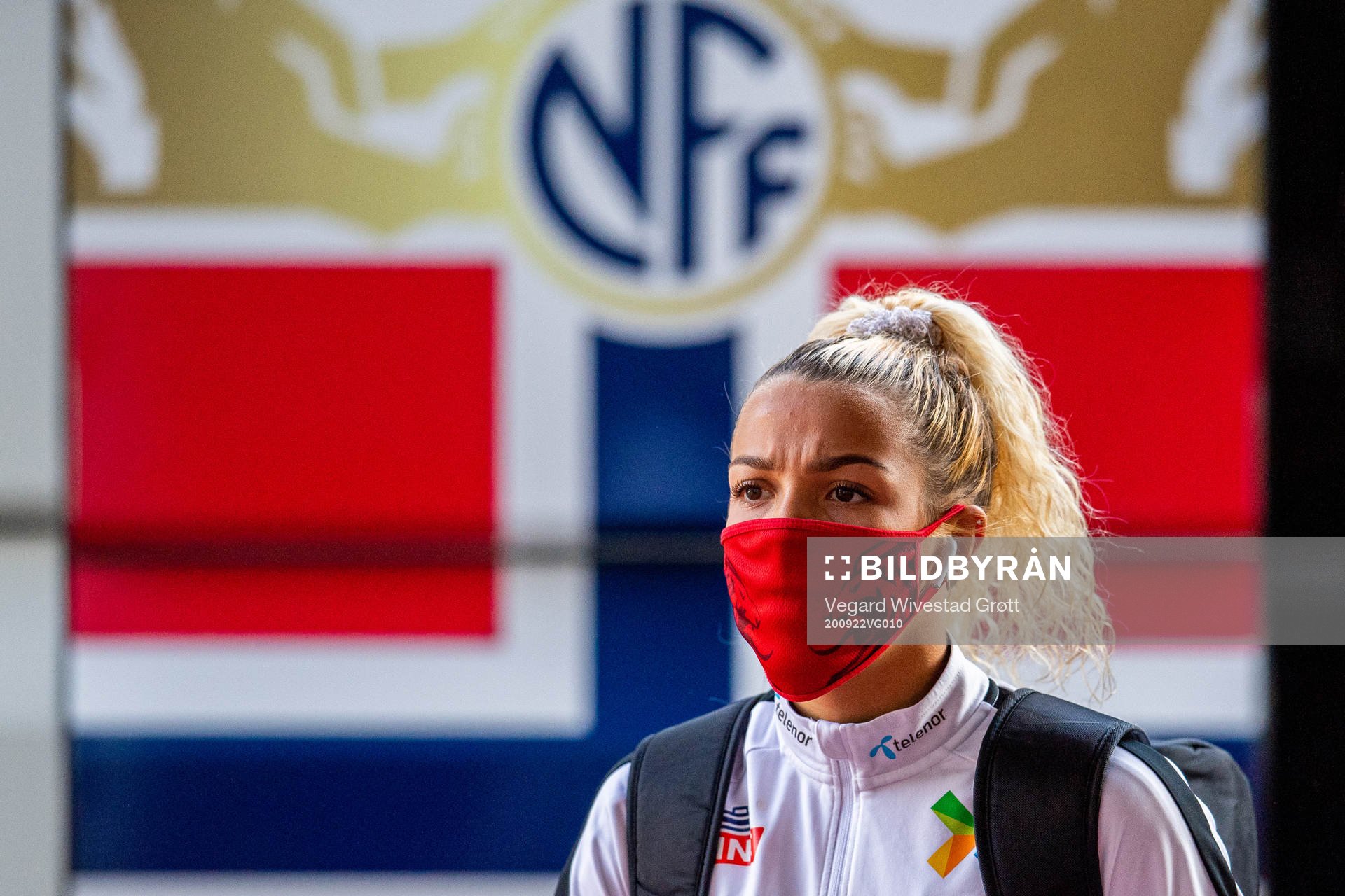 Celin Bizet Ildhusøy of Norway arrives wearing a face mask