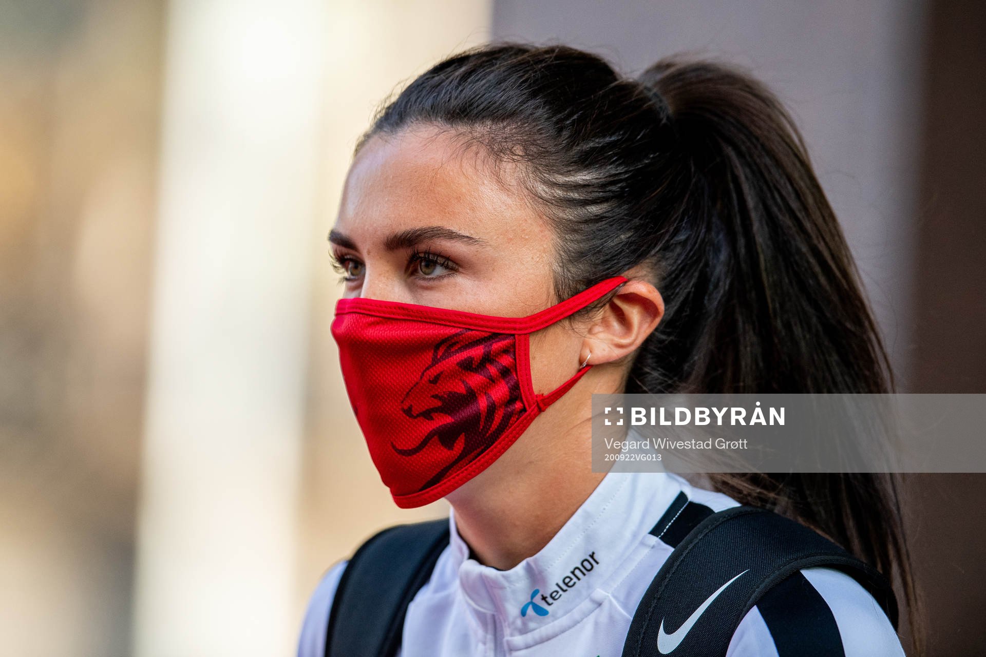 Ingrid Syrstad Engen of Norway arrives wearing a face mask
