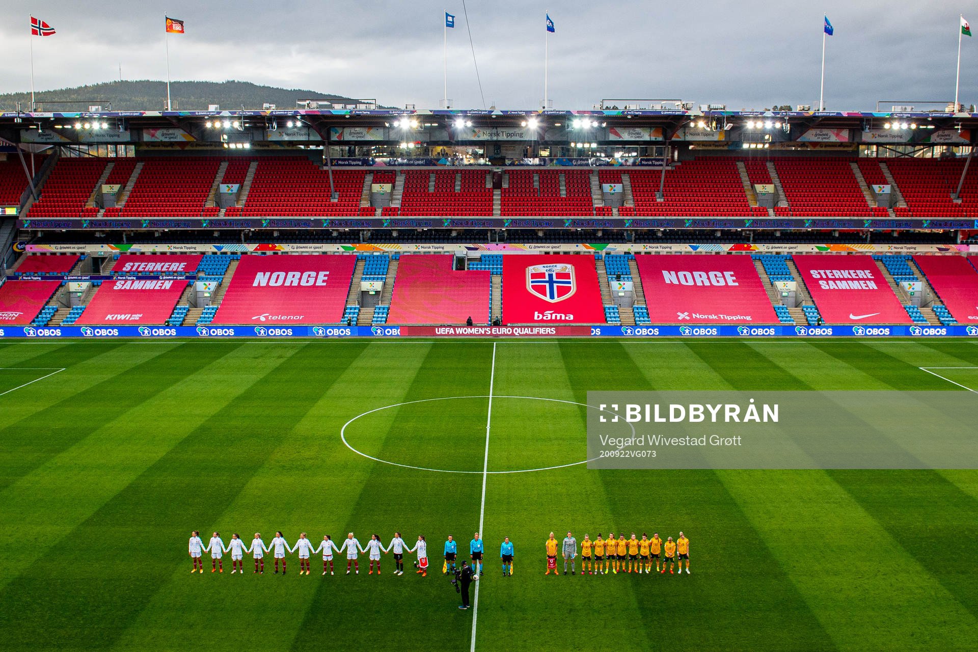 General view of Ullevaal Stadion both teams line up