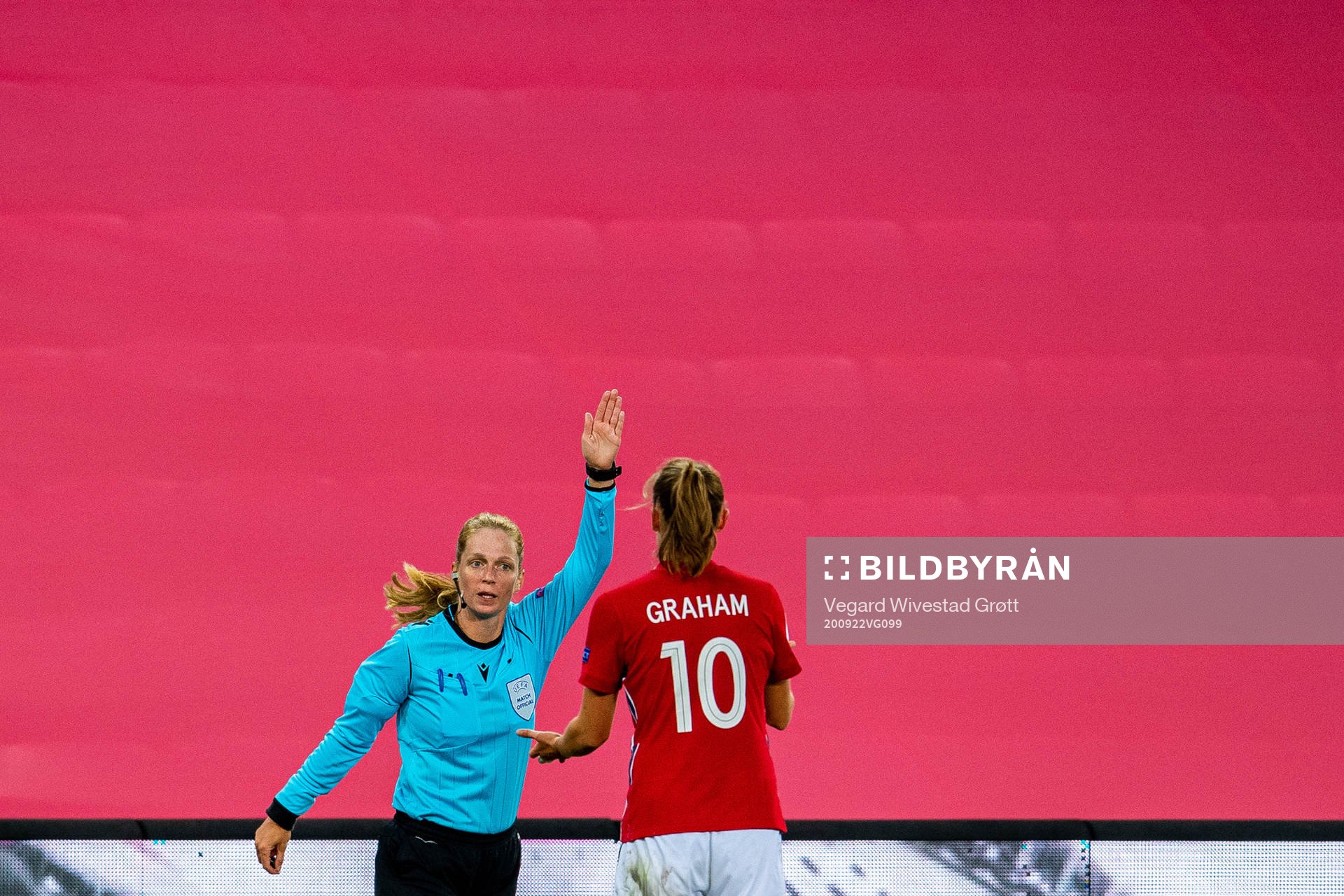 Caroline Graham Hansen of Norway reacts as referee Petra
