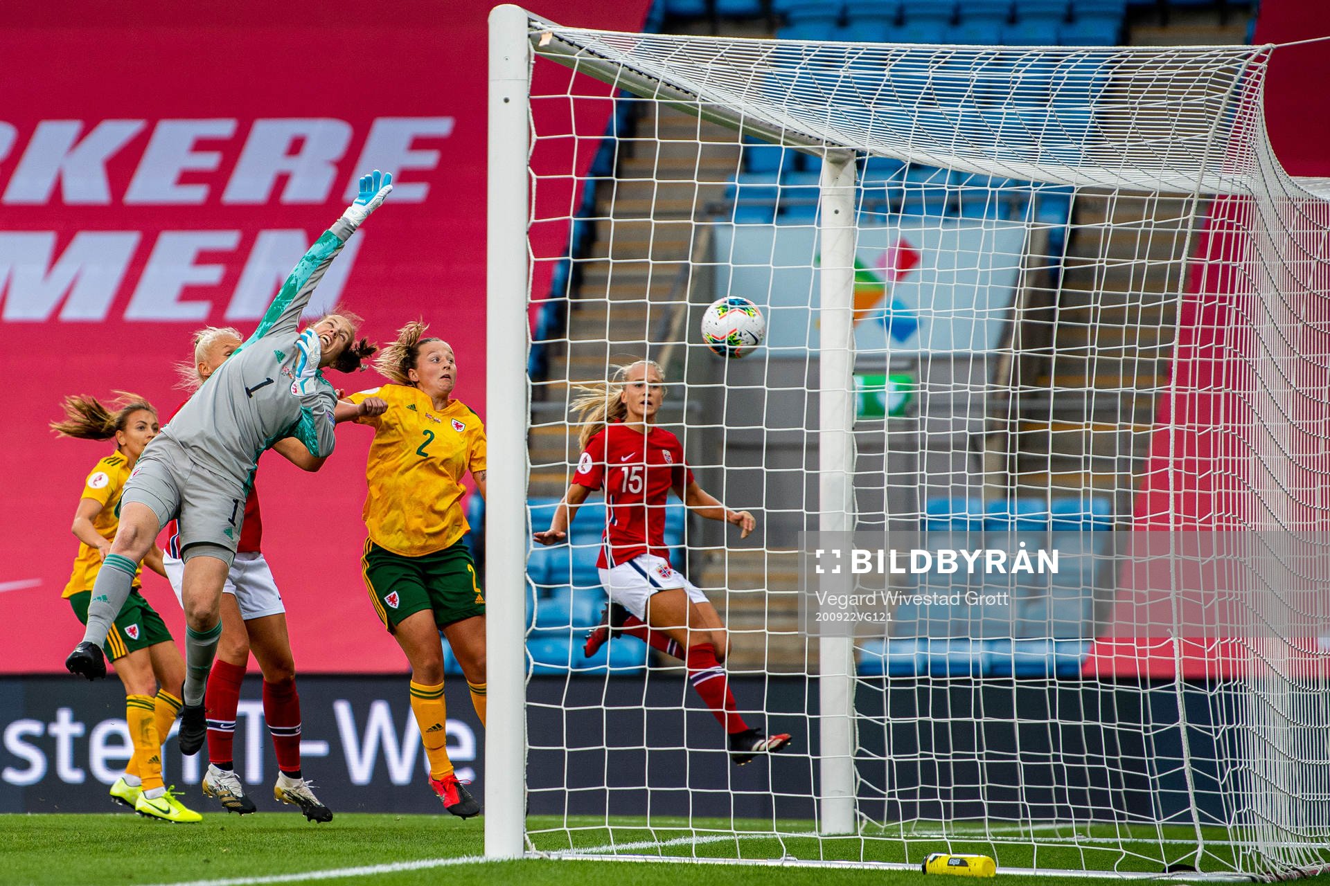 Goalkeeper Laura O'Sullivan of Wales lets in the 1-0 goal