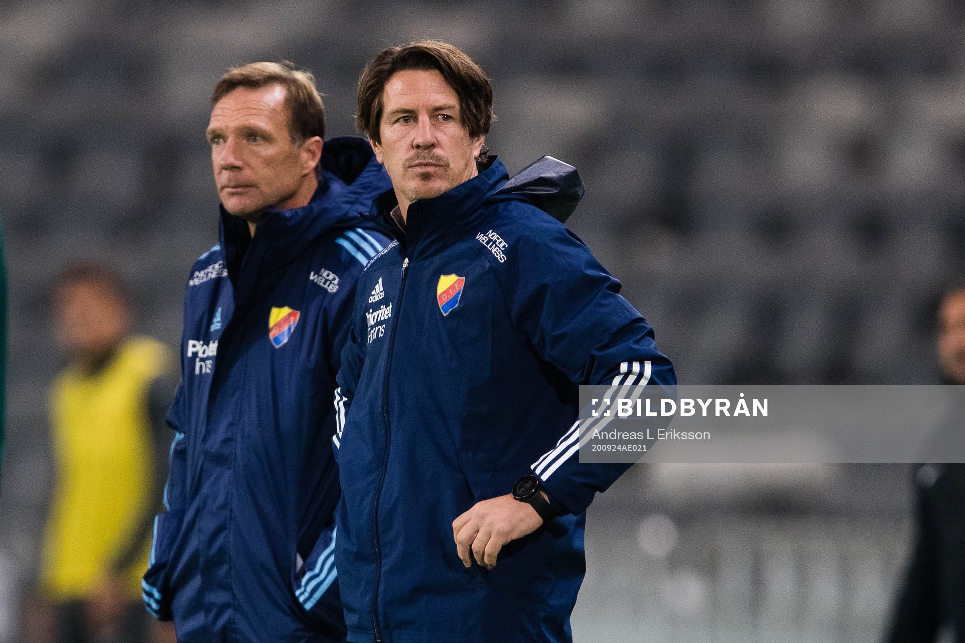 Kim Bergstrand, head coach and Thomas Lagerlöf, head coach of Djurgården during the UEFA Europa League qualifying match between Djurgården and CFR Cluj on September 24, 2020 in Stockholm.