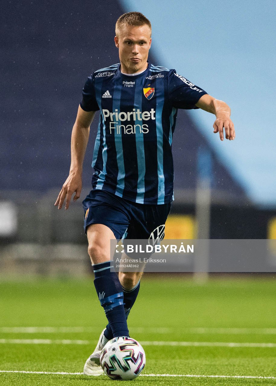 Jonathan Augustinsson of Djurgården during the UEFA Europa League qualifying match between Djurgården and CFR Cluj on September 24, 2020 in Stockholm.