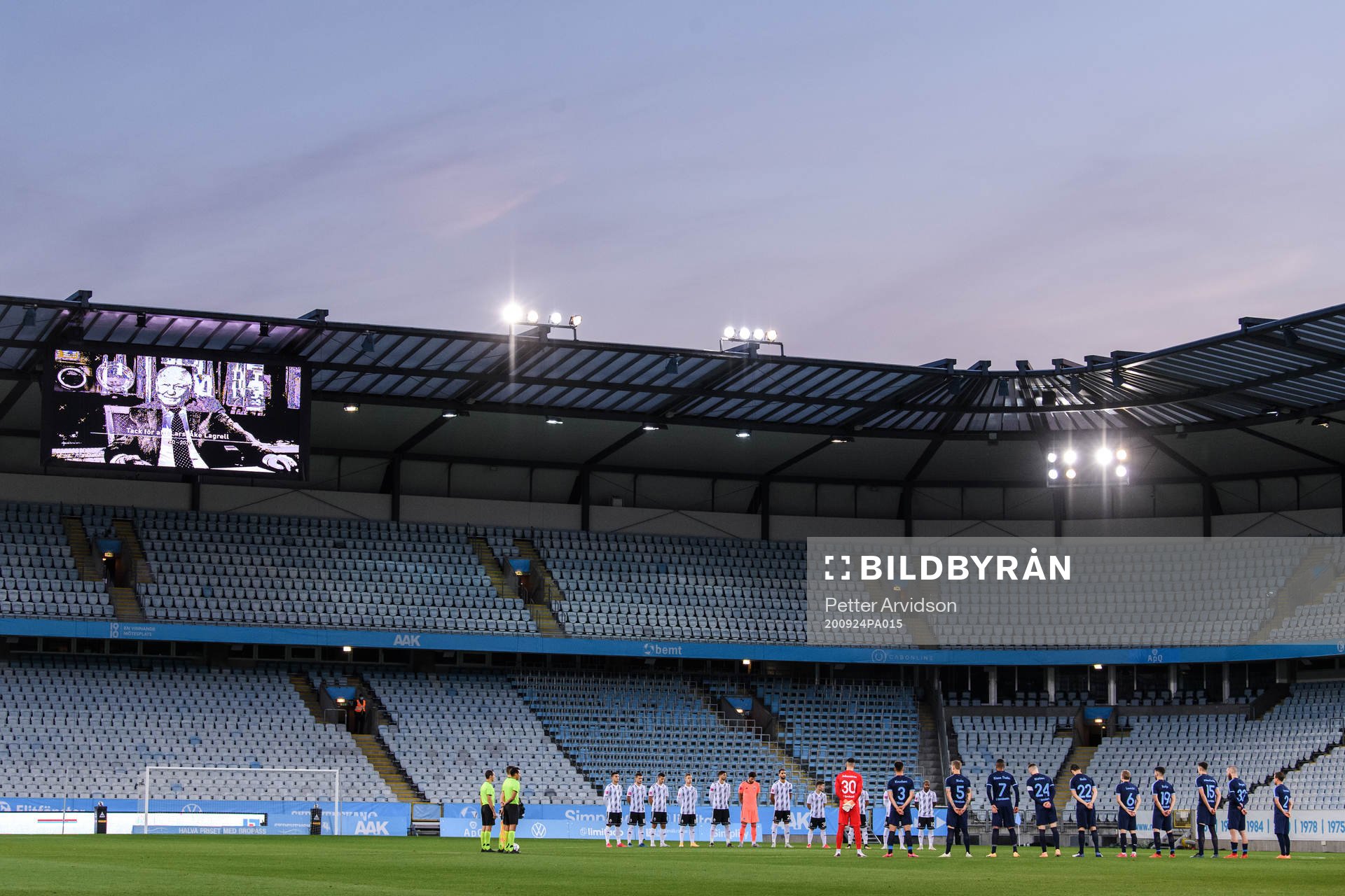 A moment of silence for the late Lars-Åke Lagrell, former president of the Swedish Football Association, ahead of the UEFA Europa League qualifying match between Malmö FF and Lokomotiva Zagreb on September 24, 2020 in Malmö.