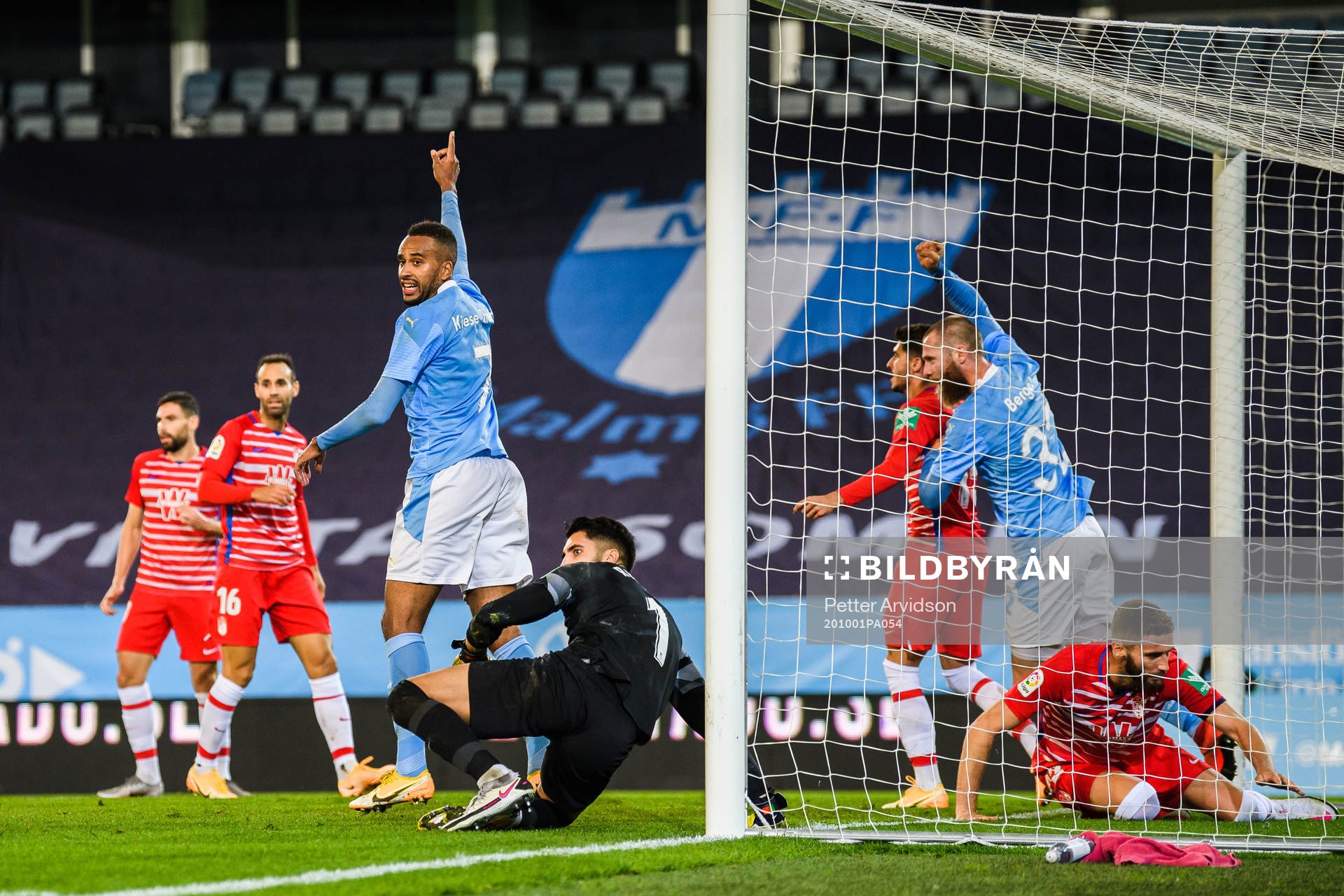 Isaac Kiese Thelin and Jo Inge Berget of Malmö FF celebrate