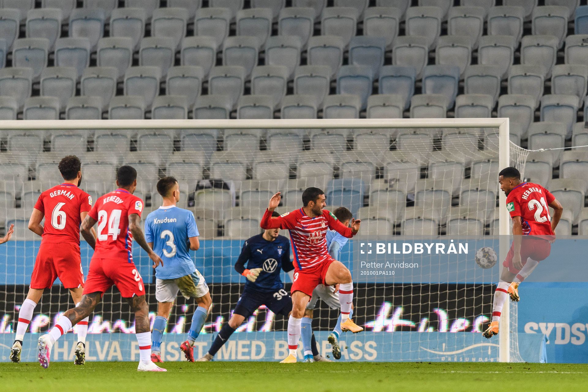 Yangel Herrera of Granada scores the 1-3 goal during the UEFA Europa League play-off match between Malmö FF and Granada on October 1, 2020 in Malmö.