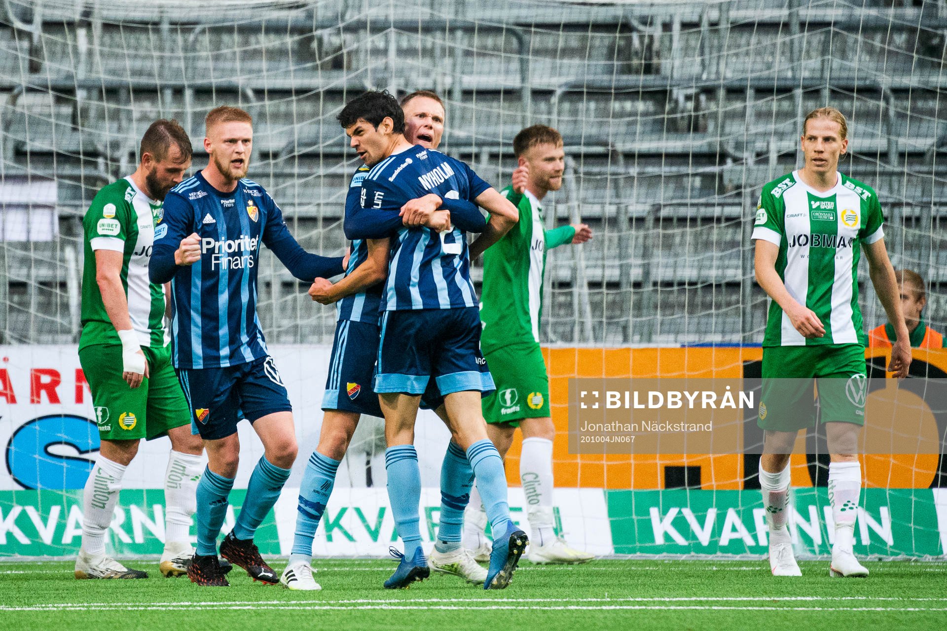Djurgårdens Jesper Nyholm jublar efter 1-1 under fotbollsmatchen i Allsvenskan mellan Hammarby och Djurgården den 4 oktober 2020 i Stockholm.