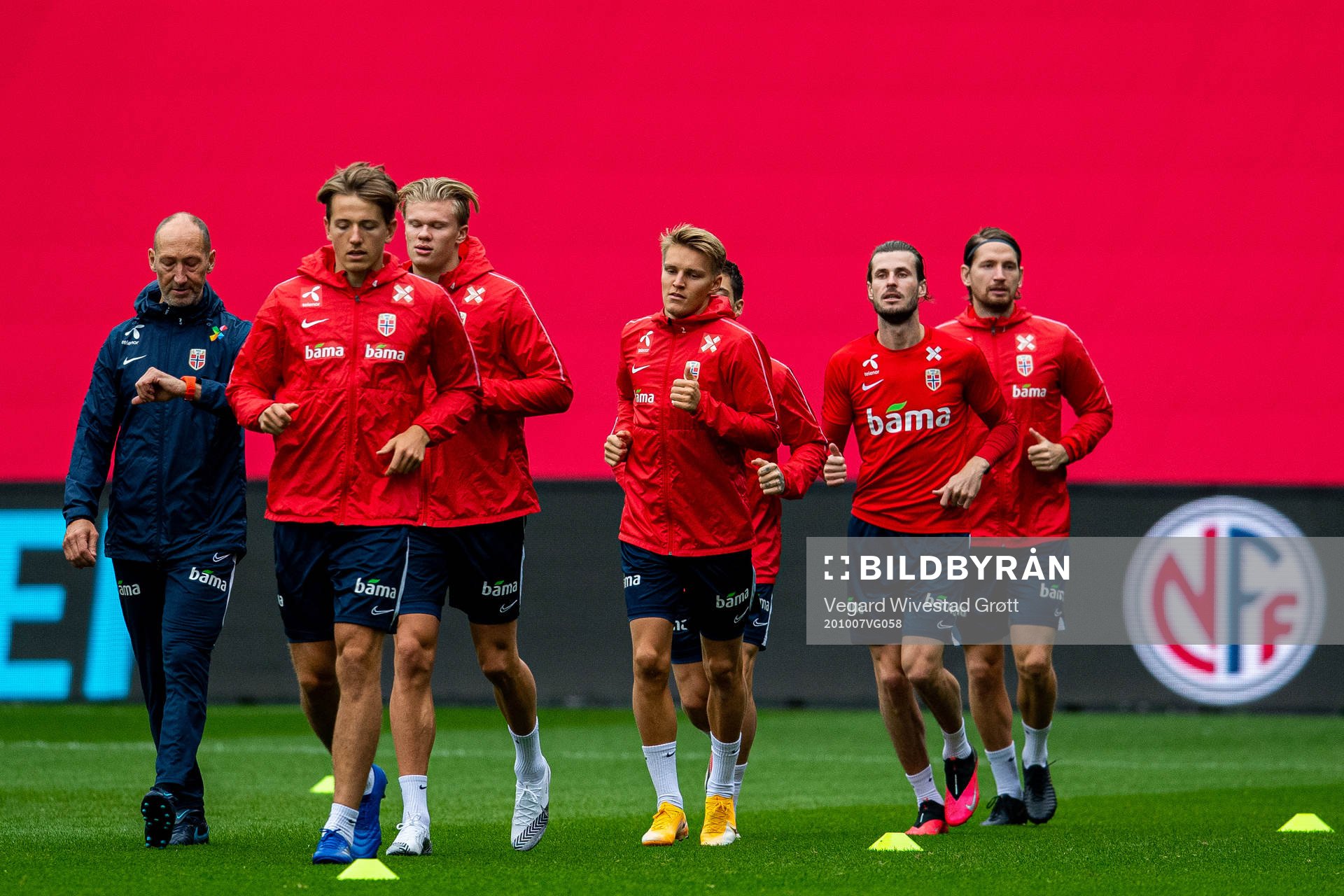 Sander Berge, Erling Braut Haaland, Martin Ødegaard, Håvard Nordtveit and Stefan Strandberg of the Norwegian national football team during a training session on October 7, 2020 in Oslo.