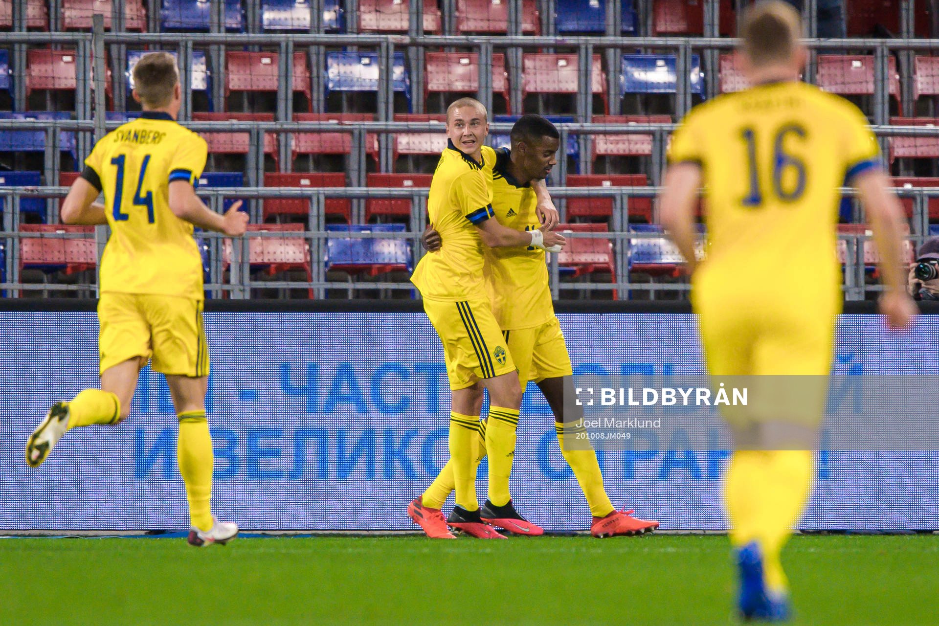 Sebastian Holmén and Alexander Isak of Sweden celebrate