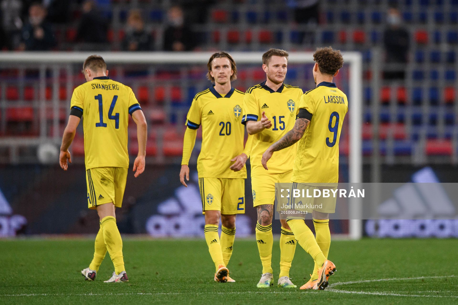 Mattias Svanberg , Kristoffer Olsson , Mattias Johansson and Jordan Larsson of Sweden celebrate after the international friendly football match between Russia and Sweden on October 8, 2020 in Moscow.