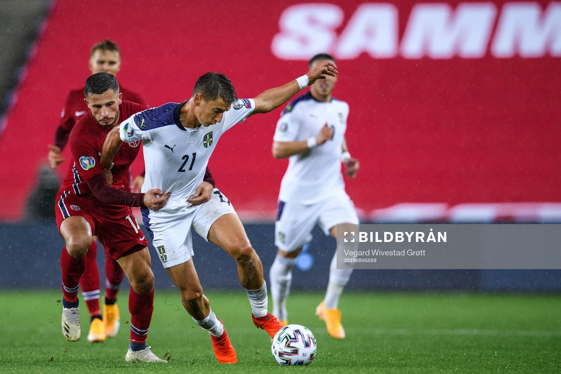 Omar Elabdellaoui of Norway and Filip Djuricic of Serbia during the UEFA Euro Qualifier play-off semi-final football match between Norway and Serbia on October 8, 2020 in Oslo.