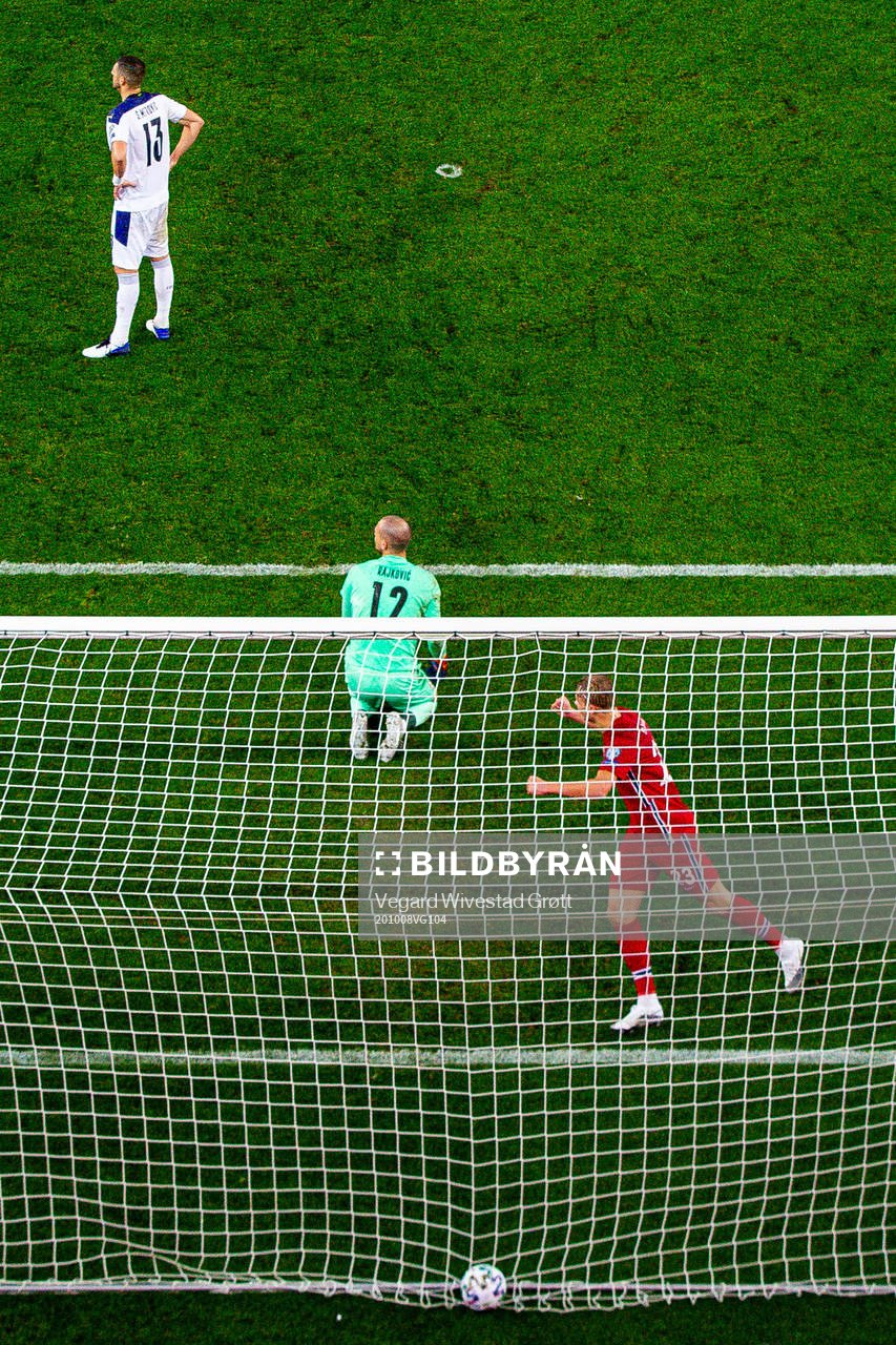 Stefan Mitrovic and goalkeeper Predrag Rajkovic of Serbia