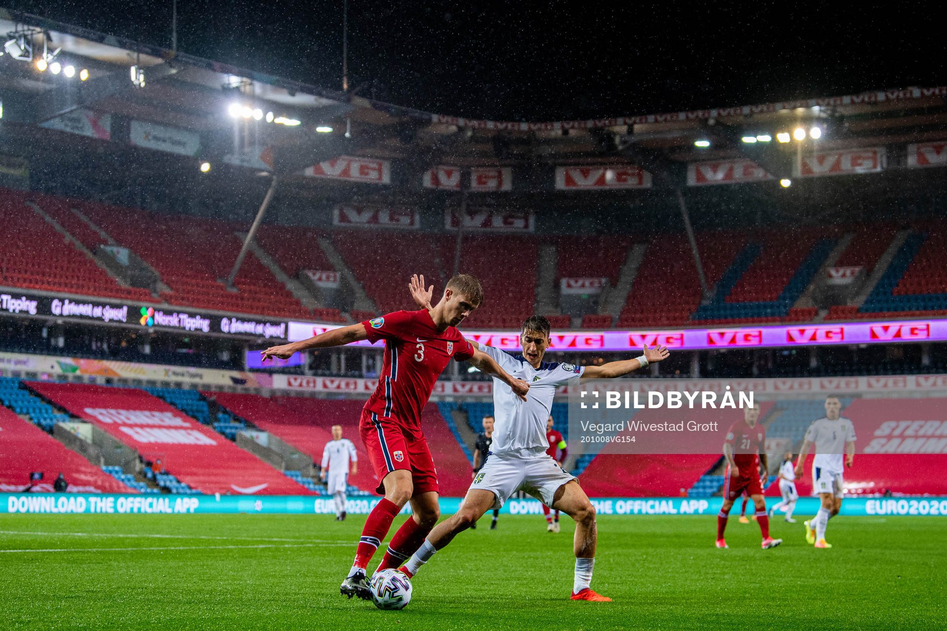 Kristoffer Ajer of Norway and Filip Djuricic of Serbia during the UEFA Euro Qualifier play-off semi-final football match between Norway and Serbia on October 8, 2020 in Oslo.