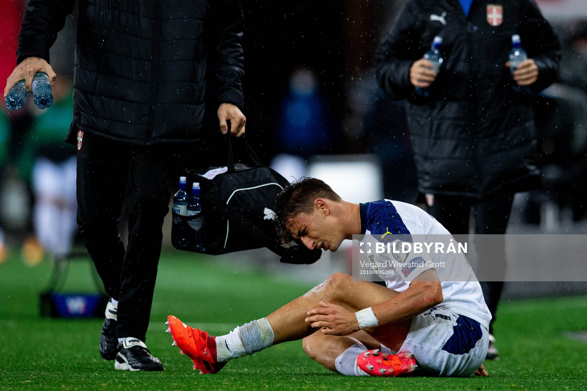 Filip Djuricic of Serbia in pain during the UEFA Euro Qualifier play-off semi-final football match between Norway and Serbia on October 8, 2020 in Oslo.