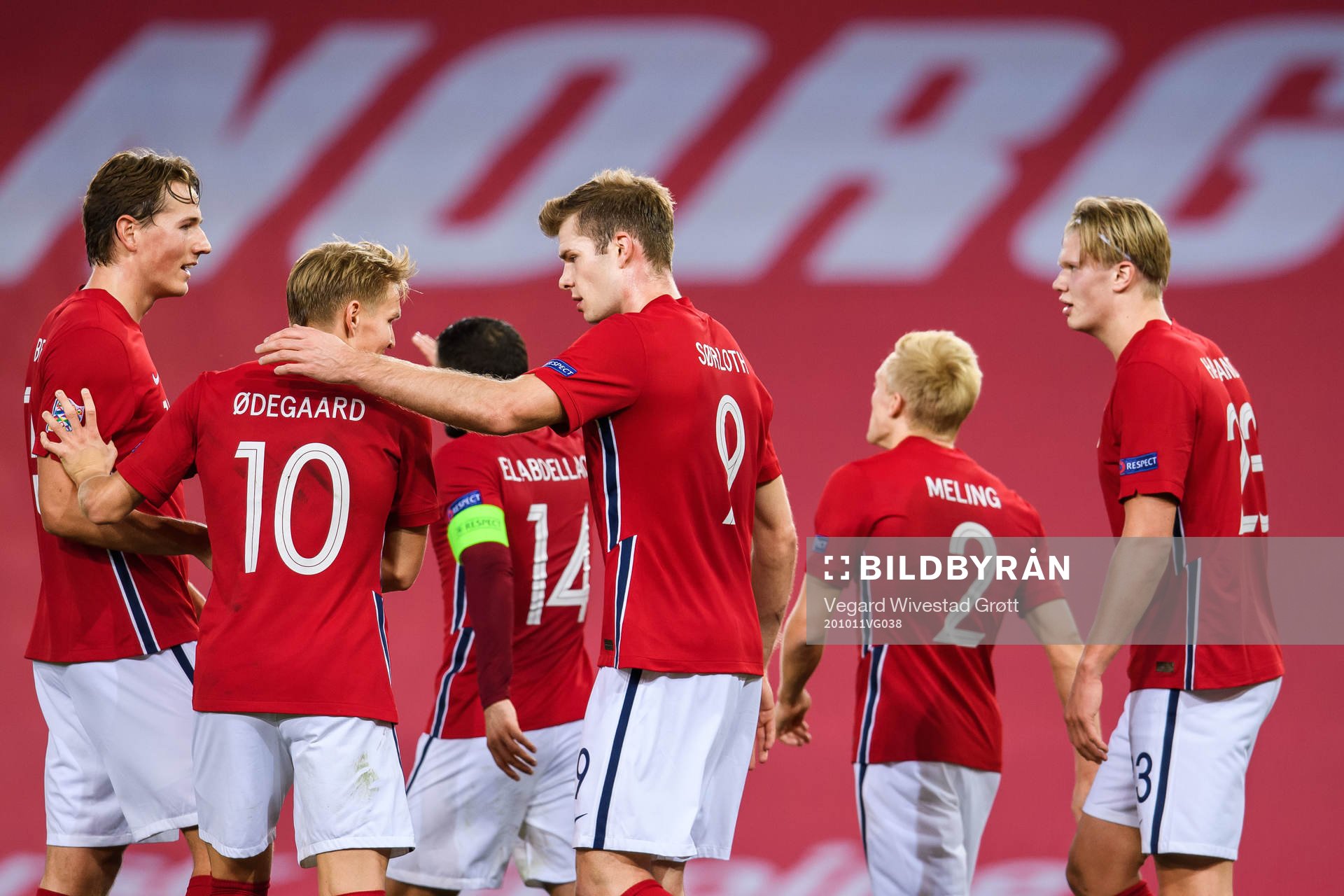 Alexander Sørloth celebrate with Martin Ødegaard of Norway after the 2-0 goal during the UEFA Nations League football match between Norway and Romania on October 11, 2020 in Oslo.