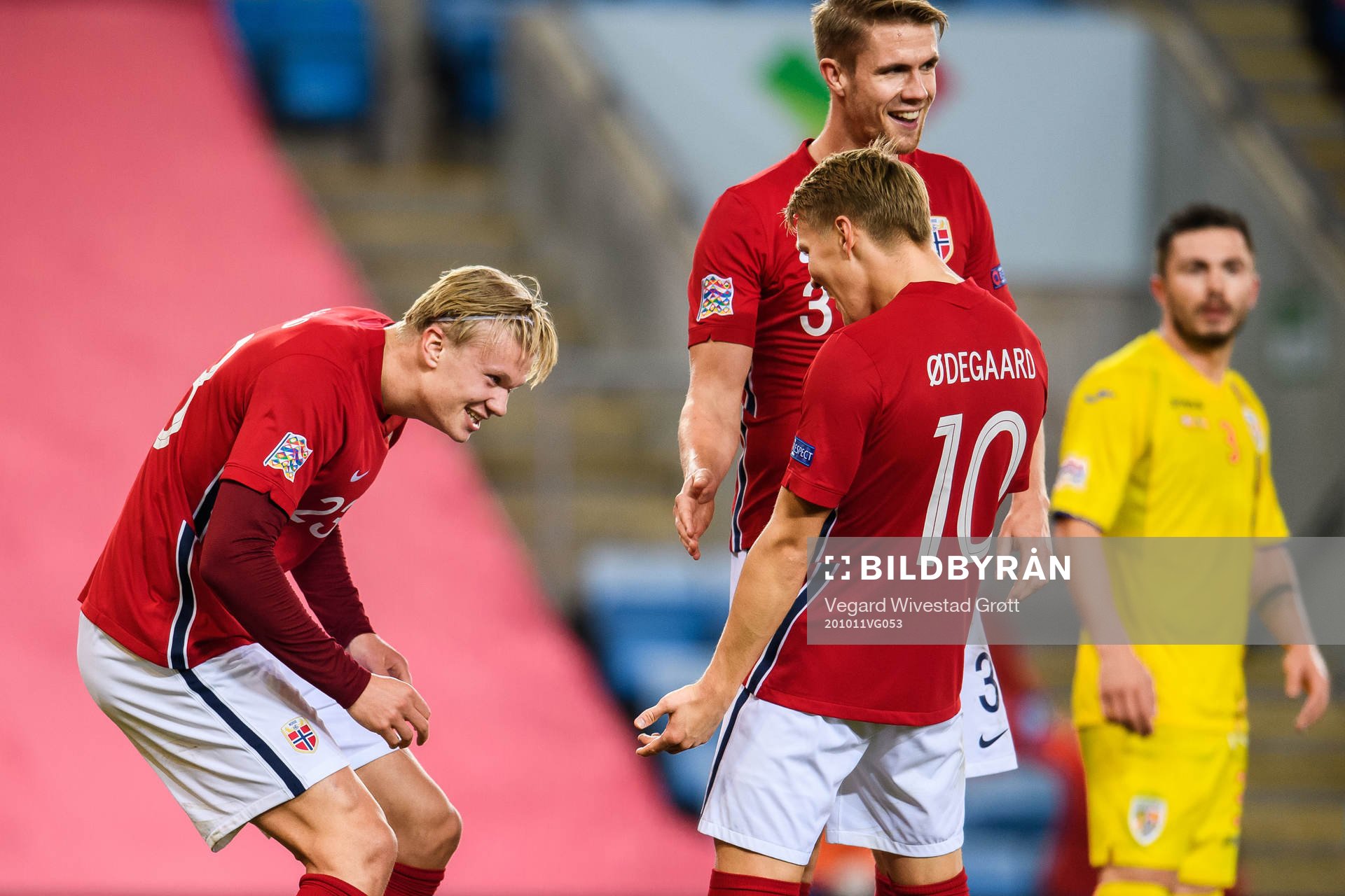 Erling Braut Haaland celebrate with Martin Ødegaard of Norway after the 3-0 goal during the UEFA Nations League football match between Norway and Romania on October 11, 2020 in Oslo.