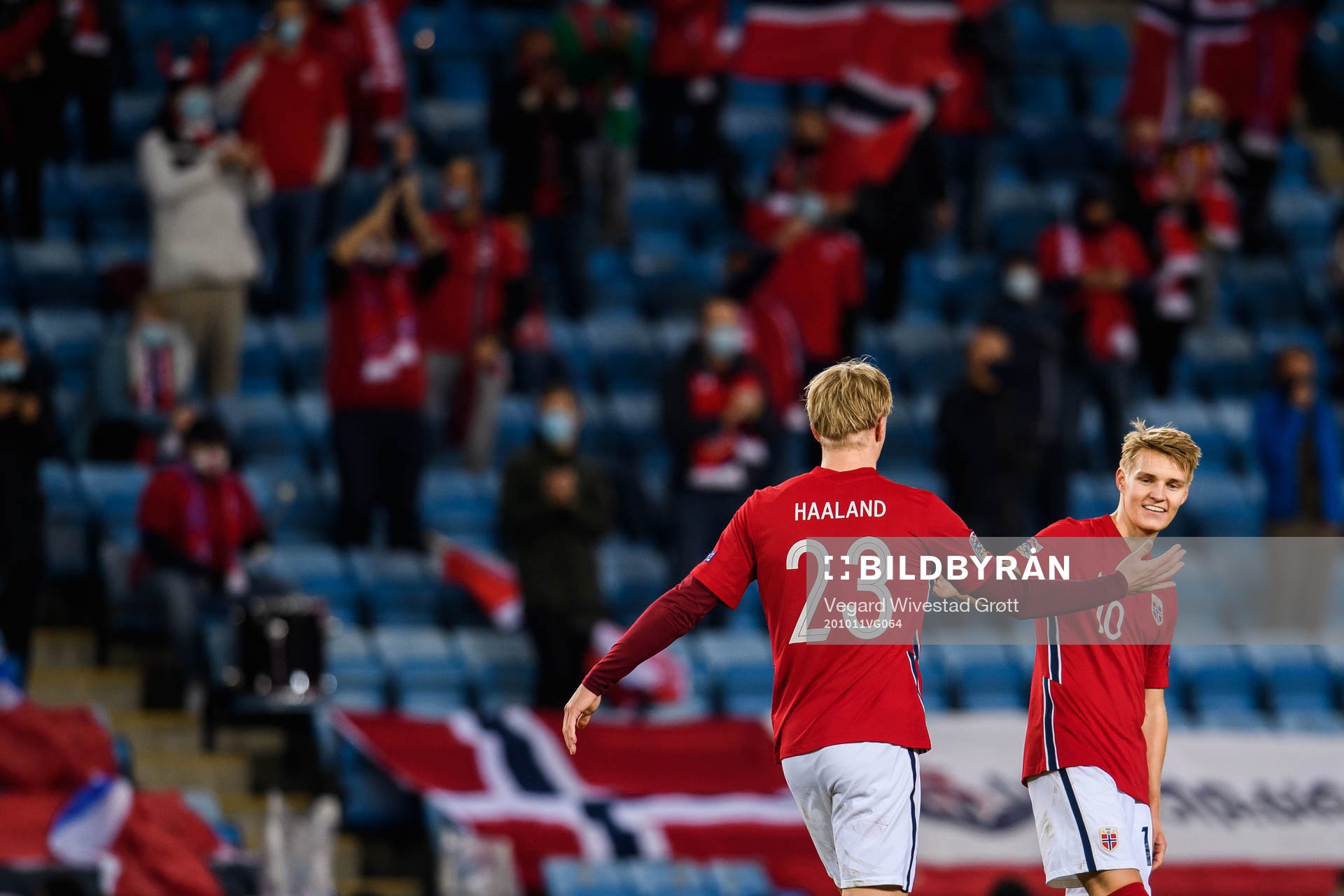 Erling Braut Haaland celebrate with Martin Ødegaard of Norway after the 3-0 goal during the UEFA Nations League football match between Norway and Romania on October 11, 2020 in Oslo.
