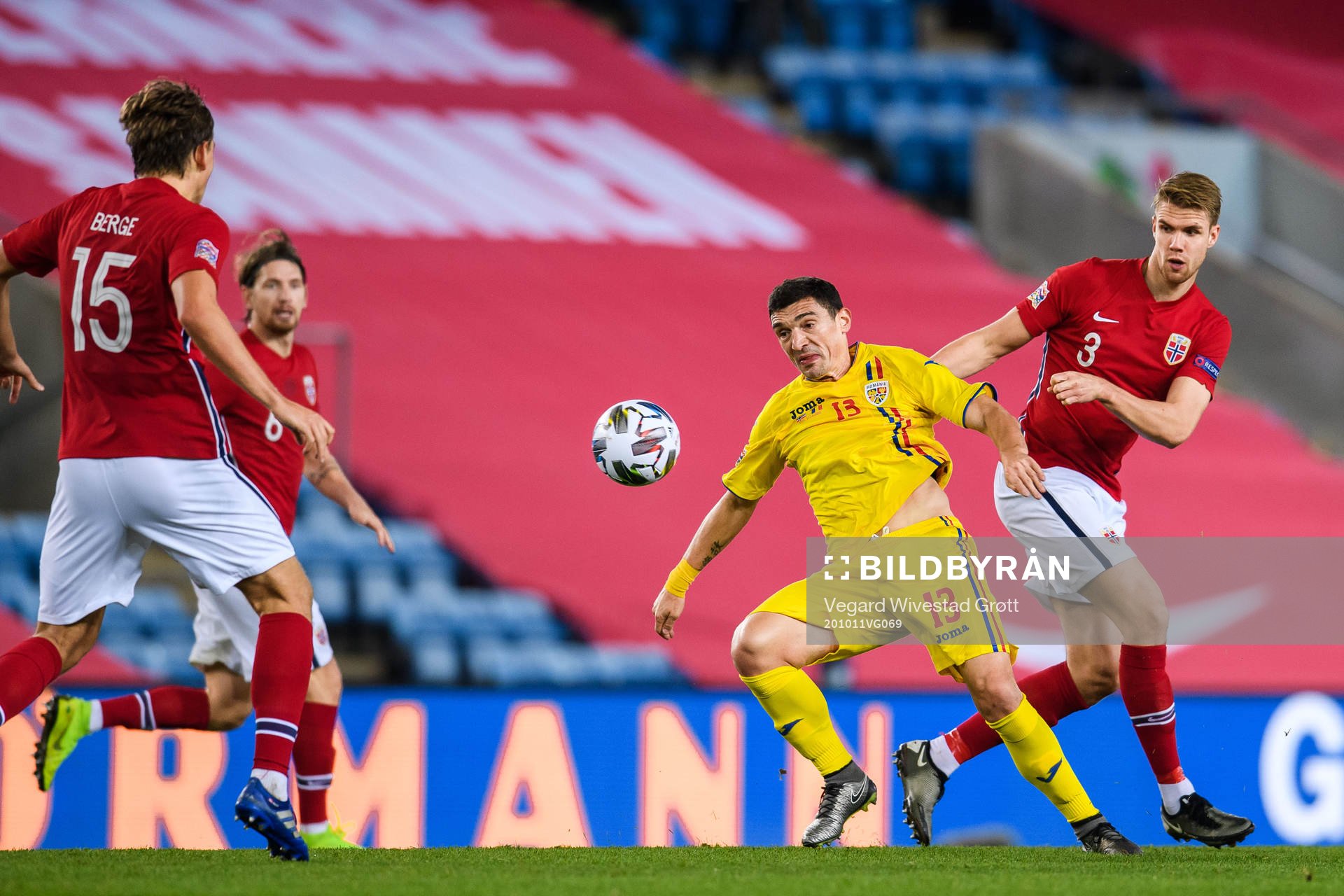 Claudiu Keseru of Romania and Kristoffer Ajer of Norway during the UEFA Nations League football match between Norway and Romania on October 11, 2020 in Oslo.