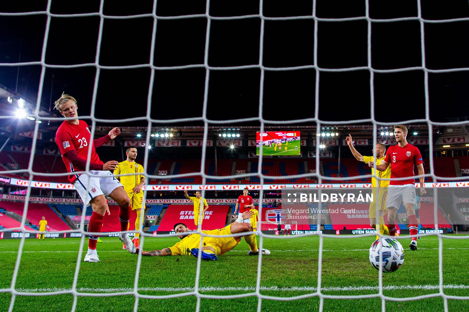Erling Braut Haaland of Norway scores the 3-0 goal