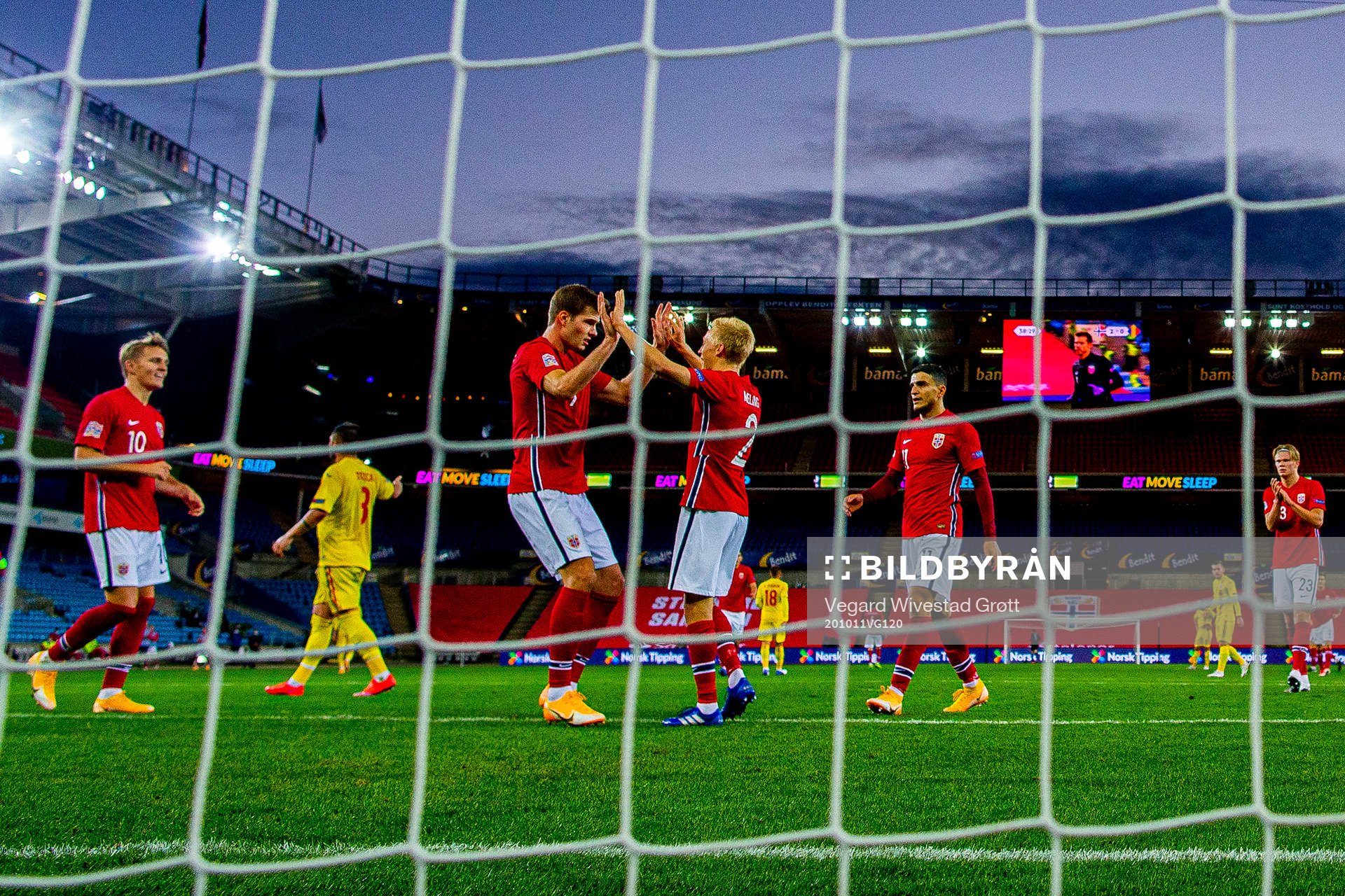 Alexander Sørloth of Norway celebrates with teammate Birger Meling after scoring the 2-0 goal during the UEFA Nations League football match between Norway and Romania on October 11, 2020 in Oslo.